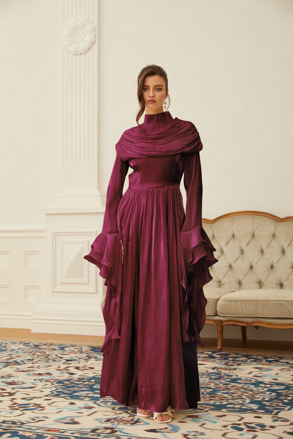 Danuta Burgundy Ruched Pleated Maxi Dress (Final Sale-US Only)