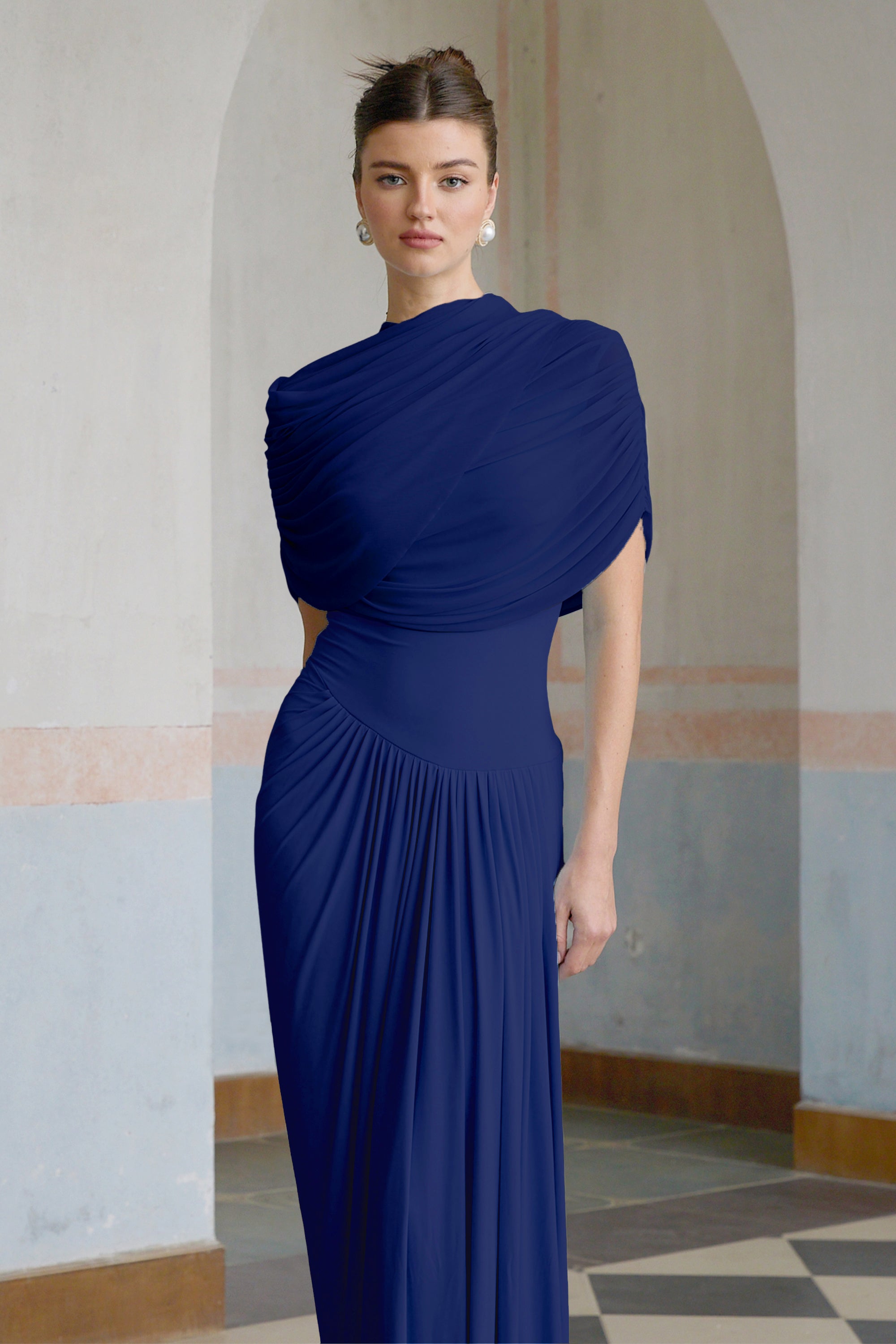 Catherine asymmetric pleated maxi dress in Navy-blue