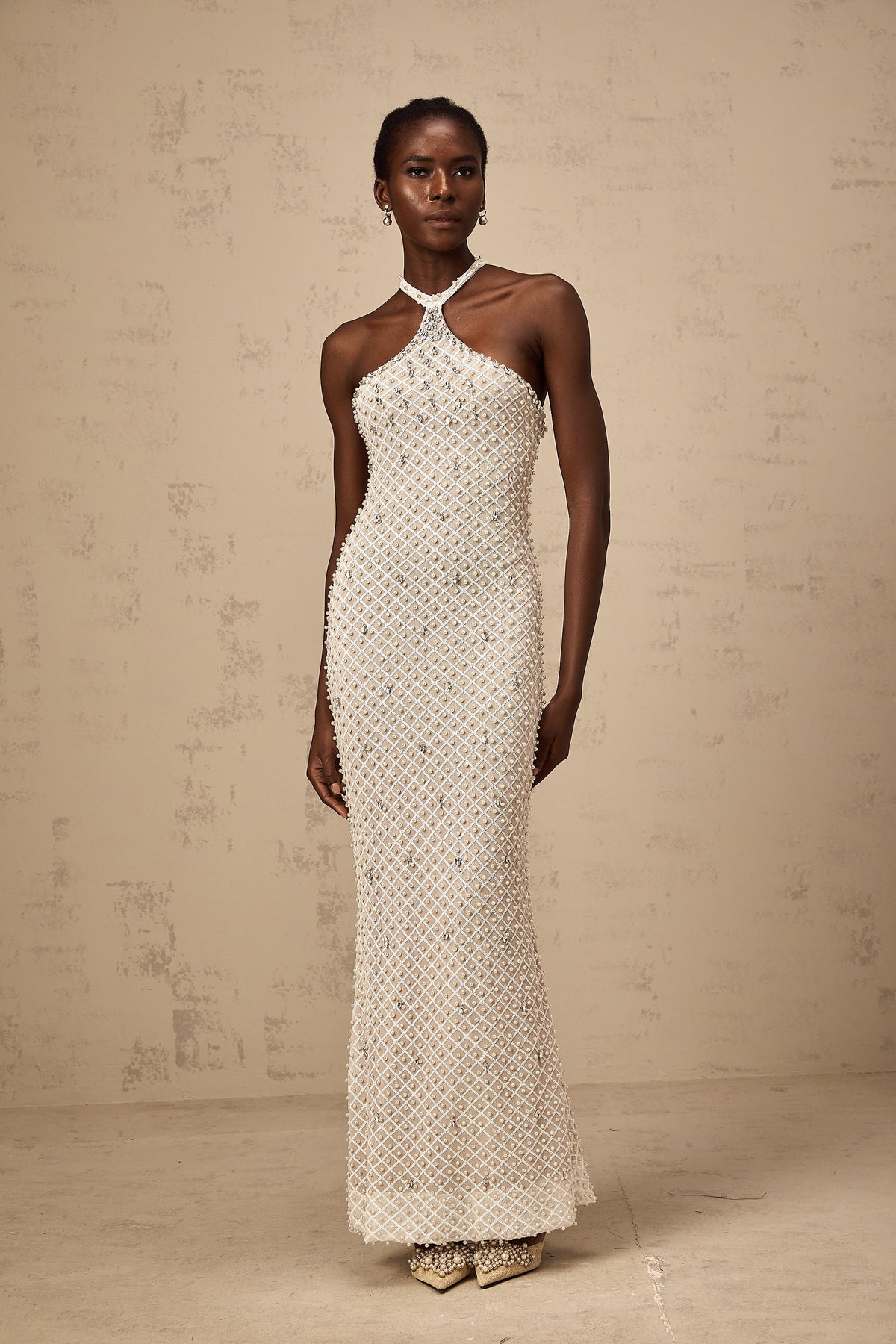 Claudine white embellished halterneck maxi dress