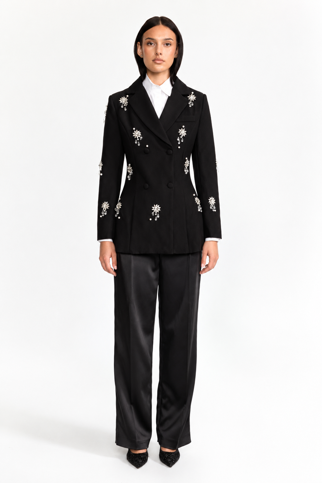 Lison Black Crystal Brooch Embellished Double-Breasted Blazer