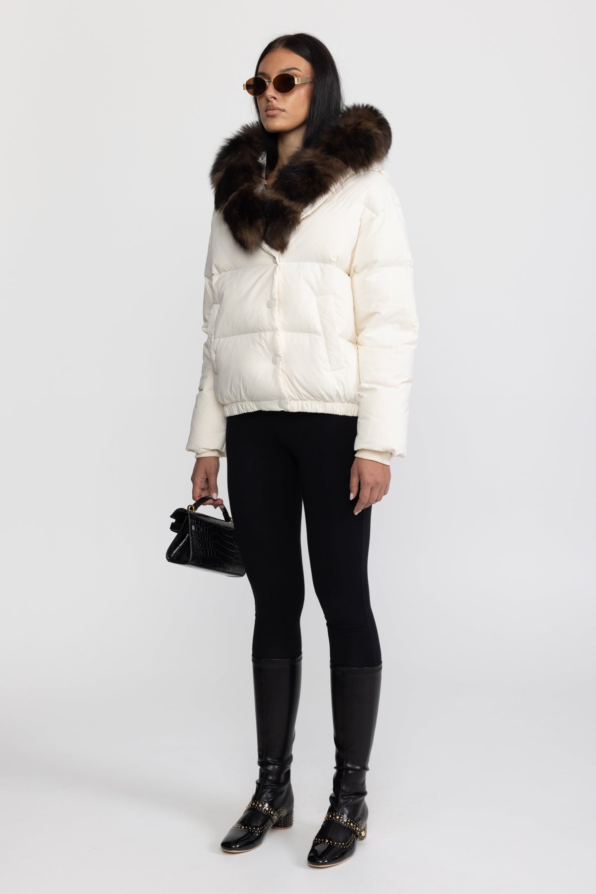 Fox Fur Hood Cropped Down Puffer Jacket - Ivoire