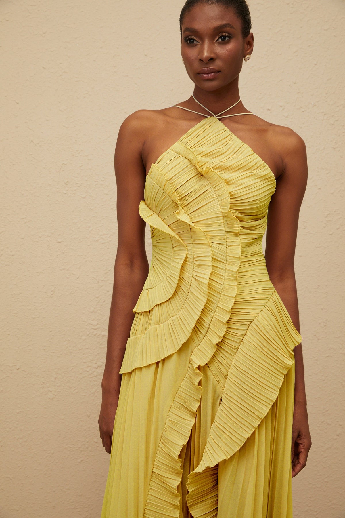 Doux Yellow Ruffled Trim Pleated Midi Dress (Final Sale-US Only)