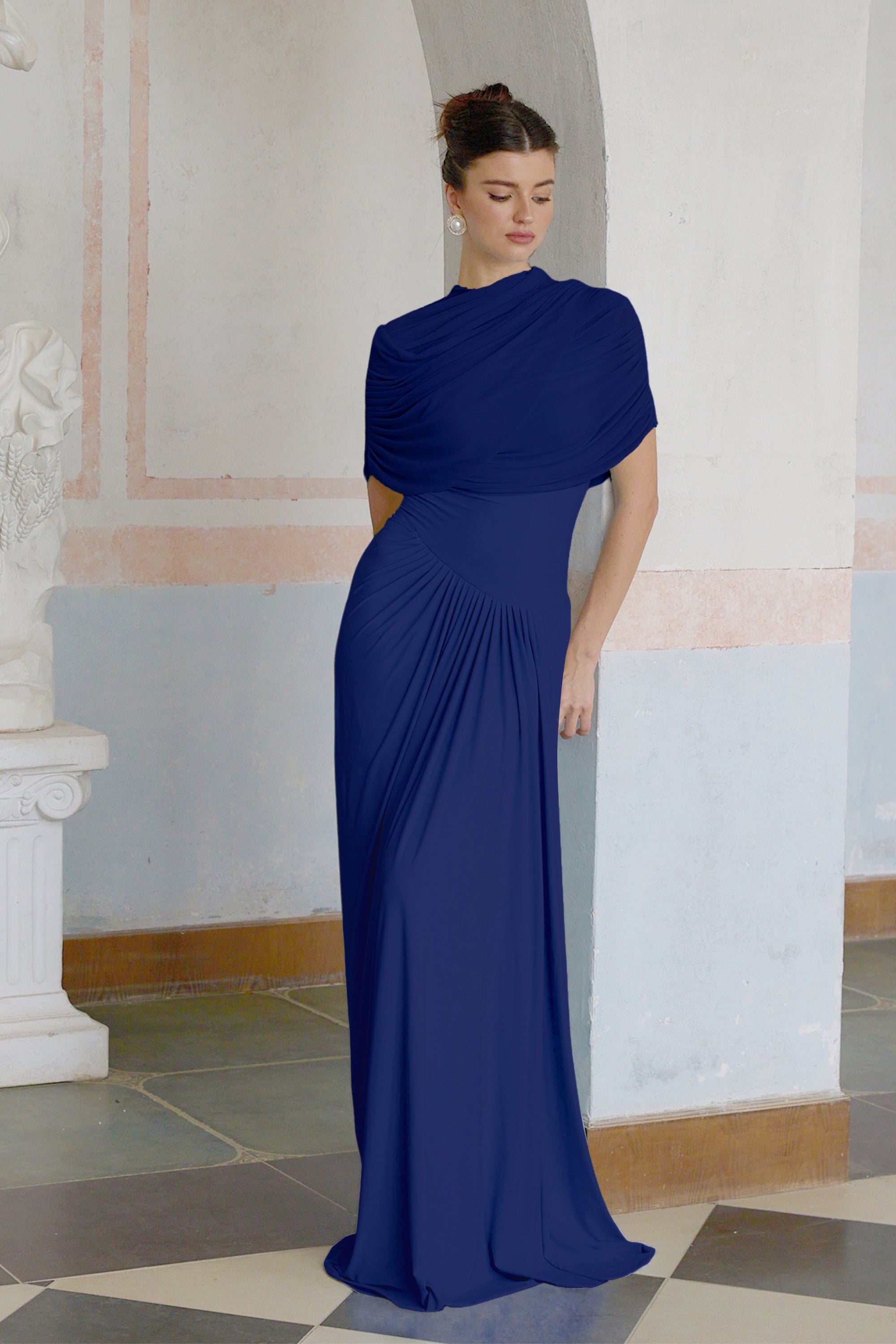 Catherine asymmetric pleated maxi dress in Navy-blue