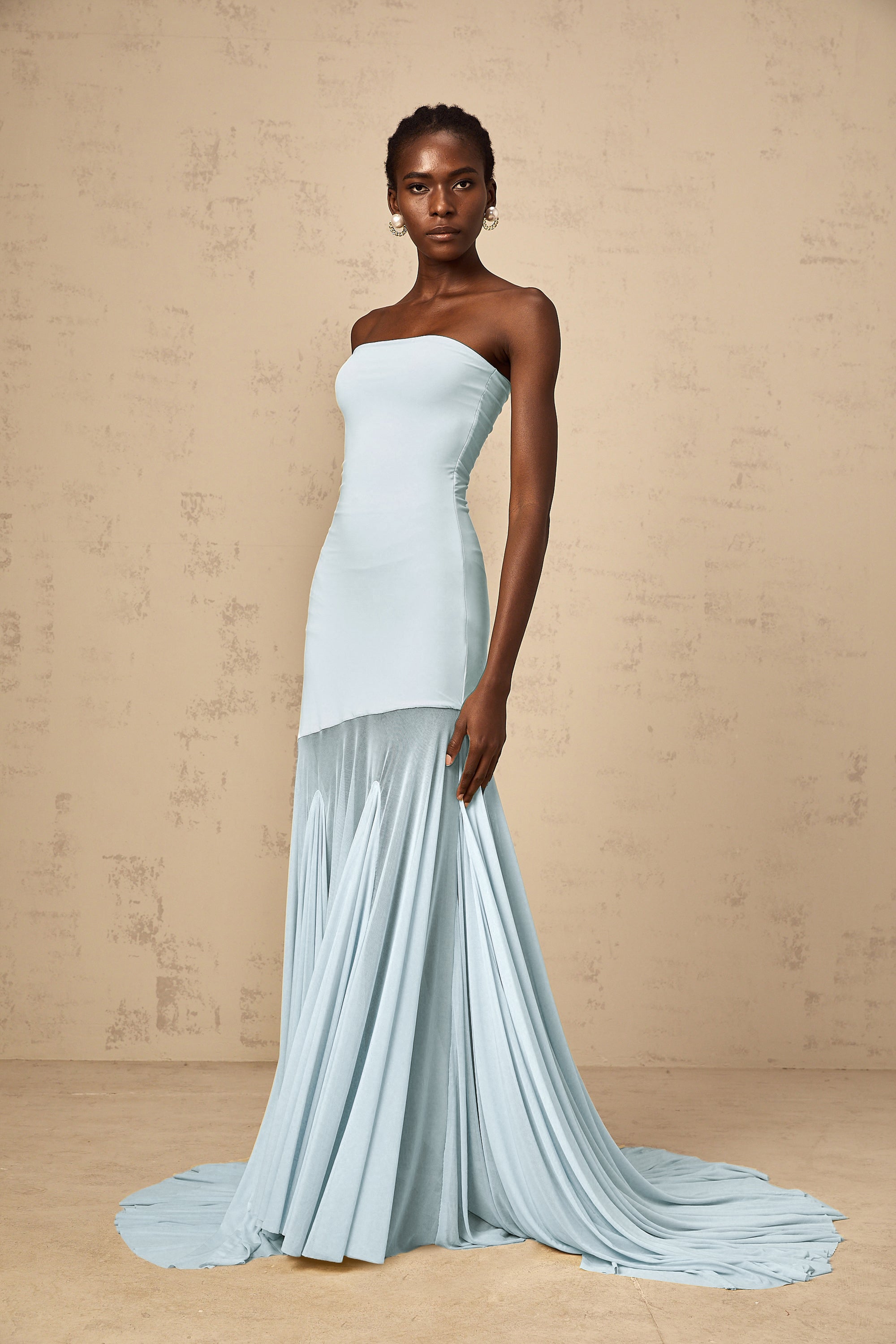 Josiane Blue Off-shoulder Sheer Tulle Maxi Dress