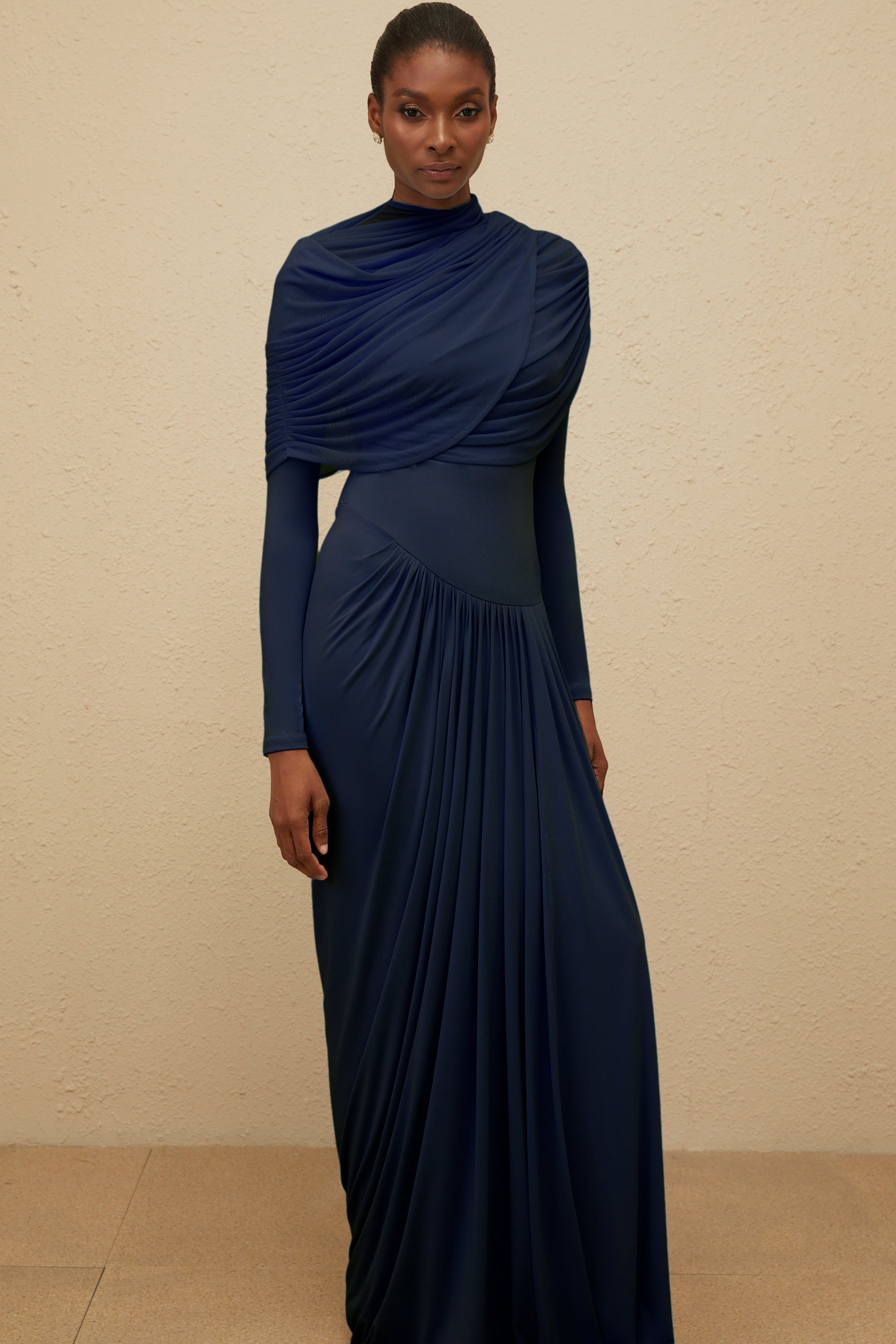 Catherine Navy-Blue Asymmetrical Pleated Long-Sleeve Maxi Dress (Final Sale-US Only)