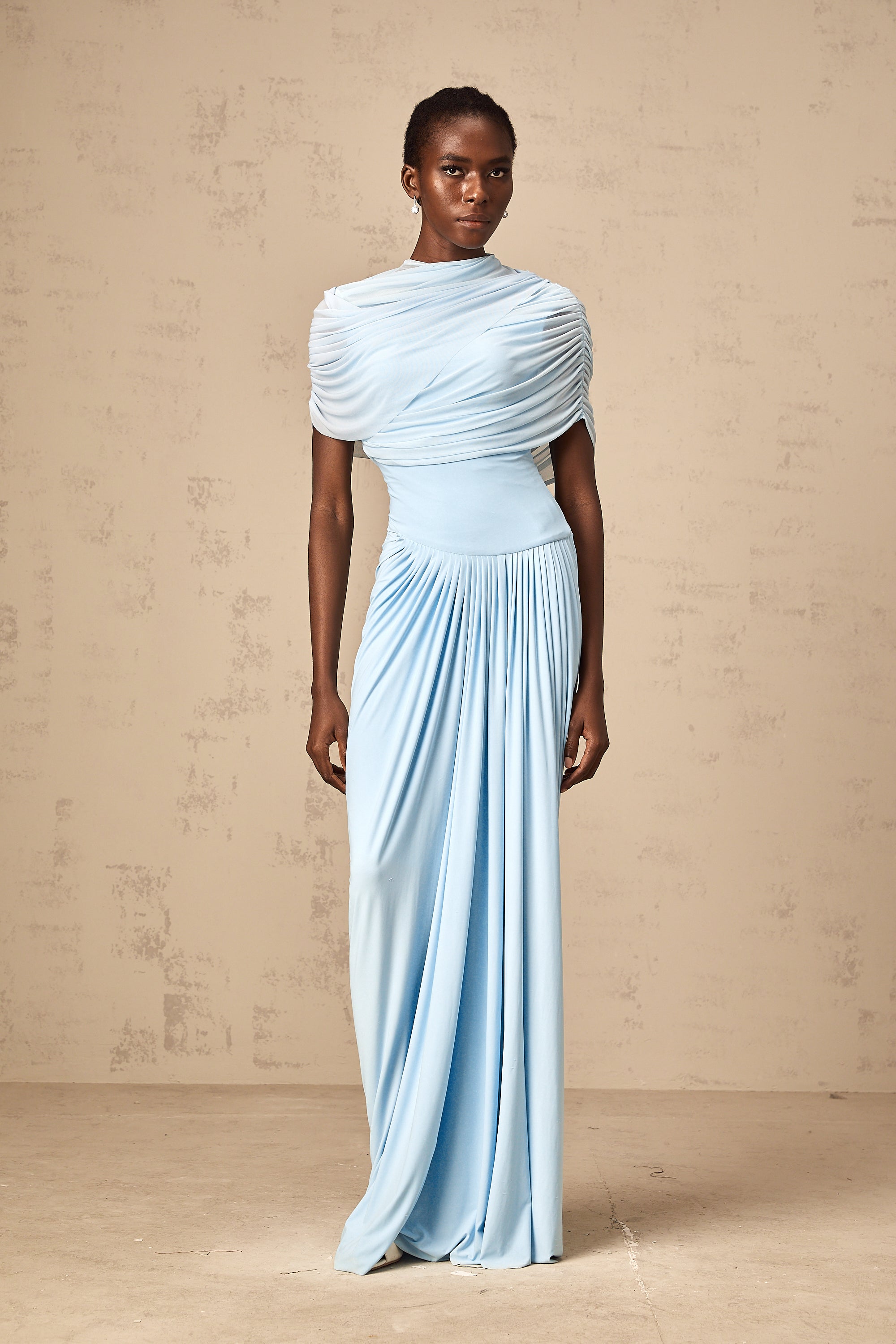 Catherine asymmetrical pleated maxi dress in Baby-blue