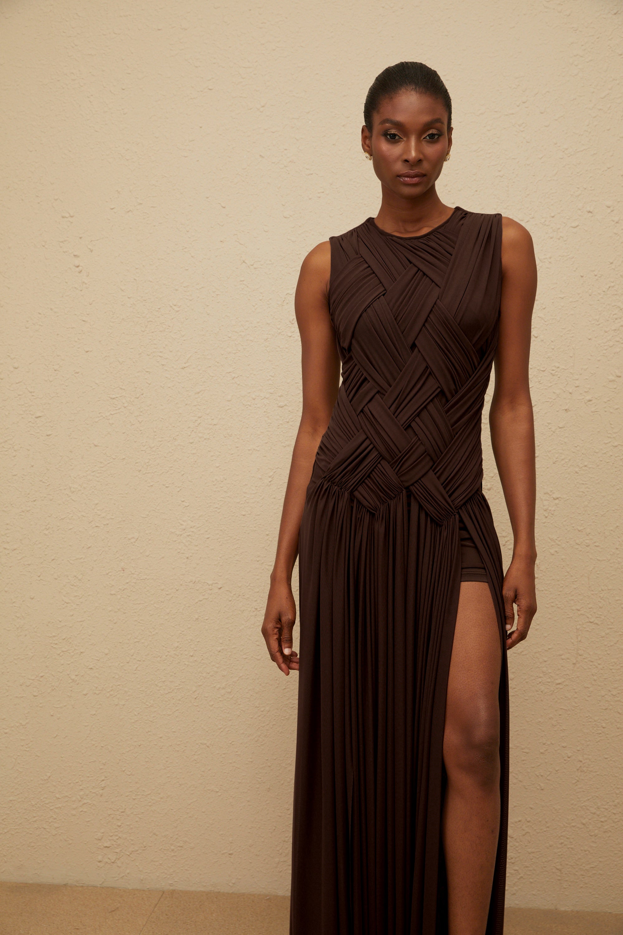 Daphné Brown Asymmetrical Braided Tulle Midi Dress