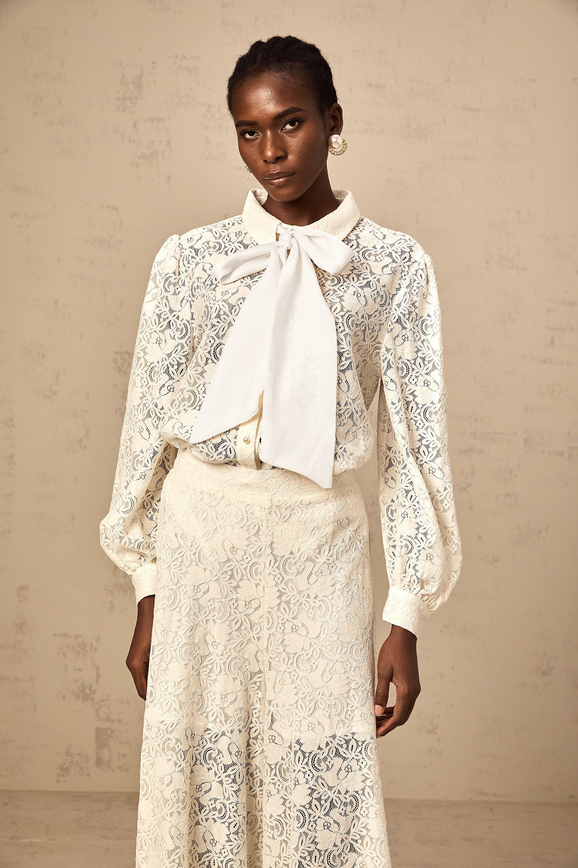 Vanessa white guipure-lace shirt & trousers matching set (Final Sale-US Only)