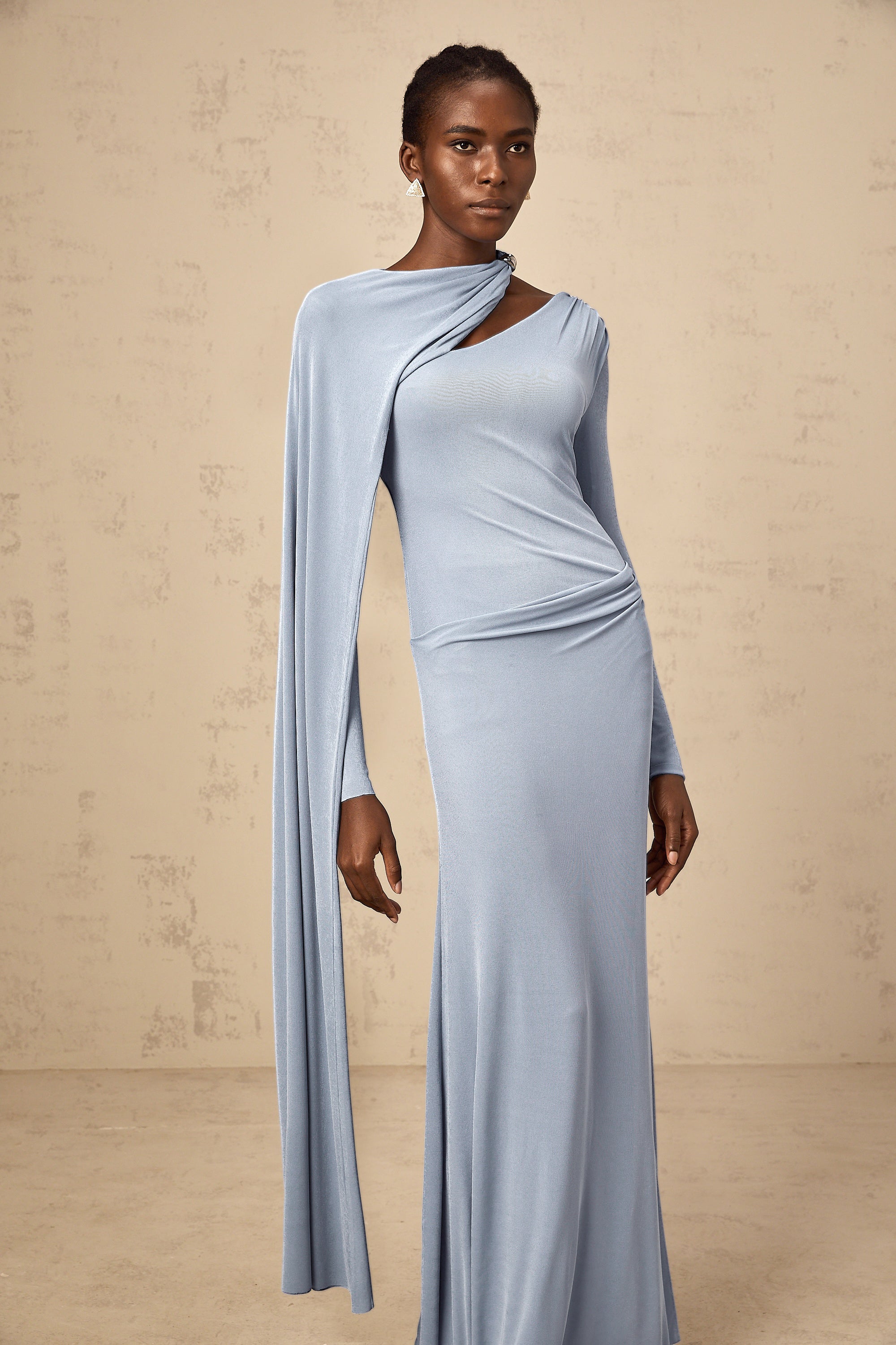 Josette Blue Diagonal Shawl Fitted Maxi Dress (Final Sale-US Only)