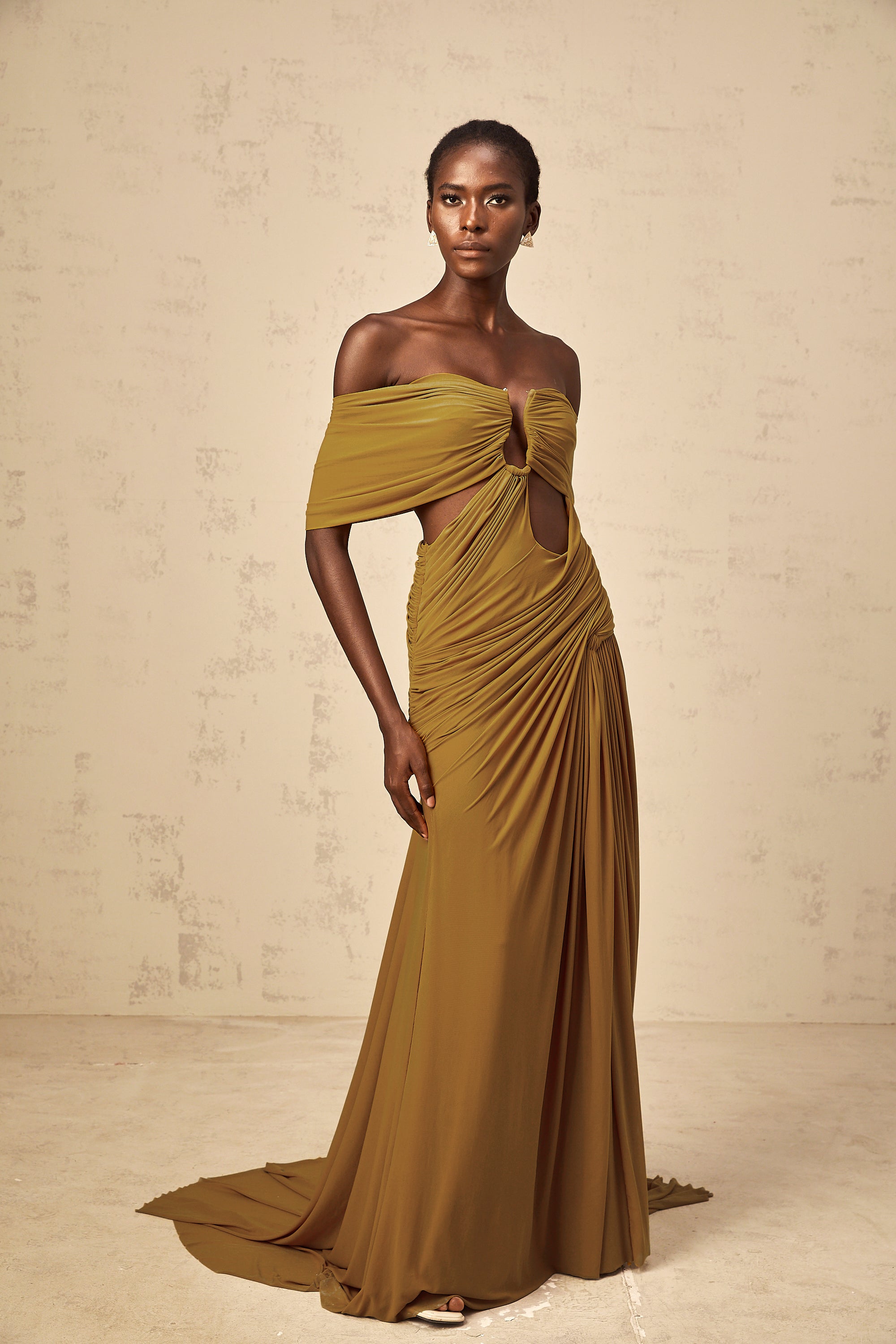 Ludivine ocher off-shoulder cut-out ruched maxi dress (Final Sale-US Only)