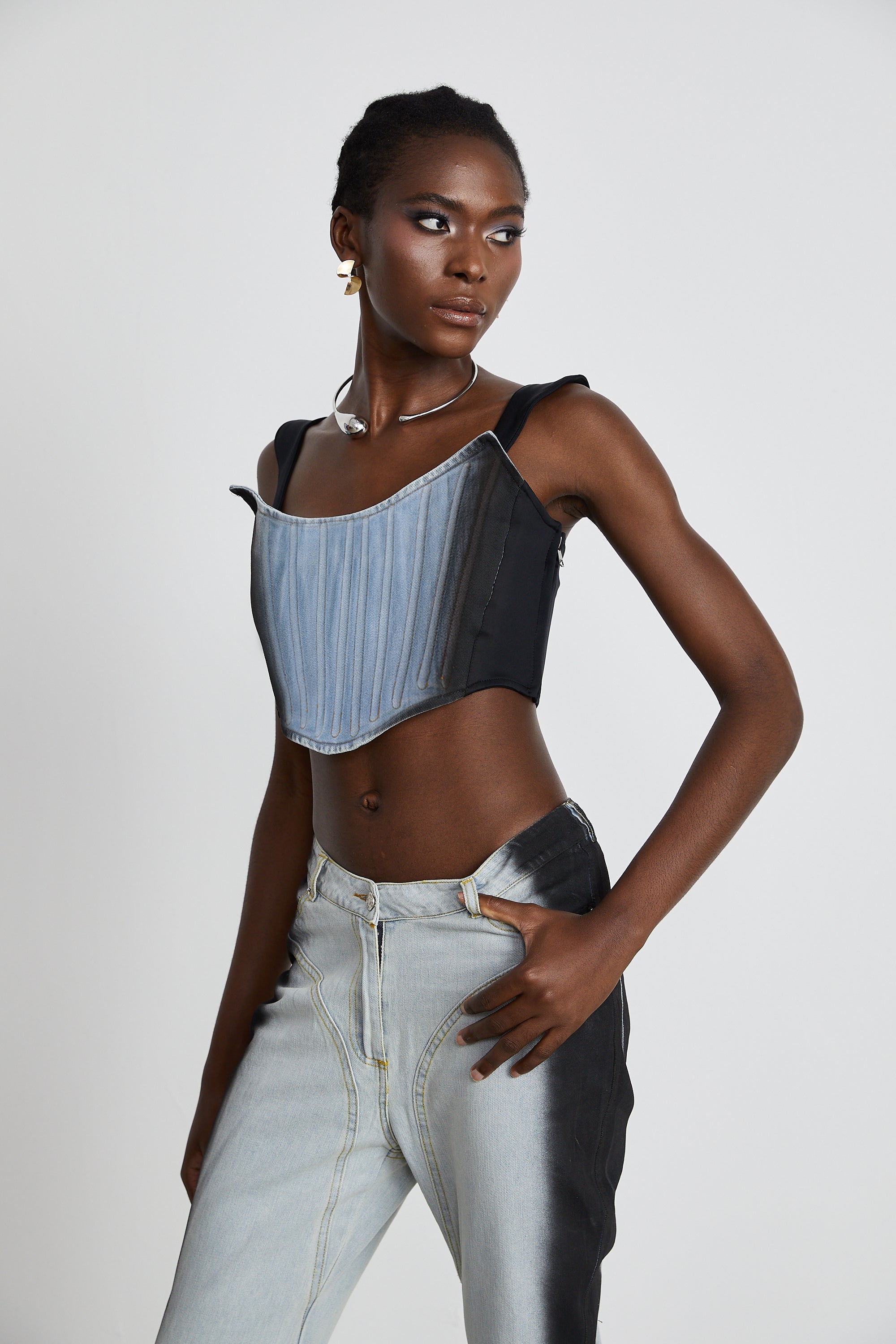 Manon two-tone denim cropped top