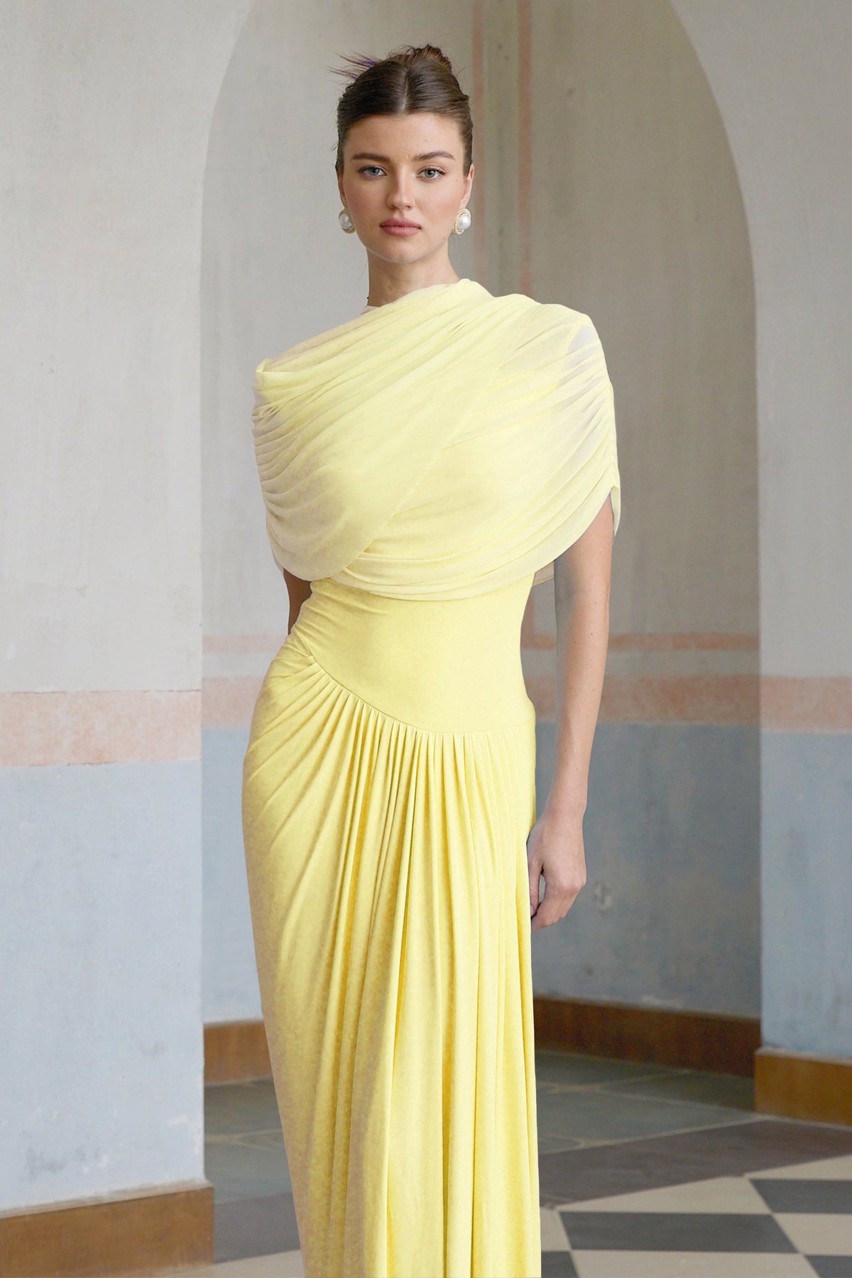 Catherine asymmetrical pleated maxi dress in Yellow (Final Sale-US Only)