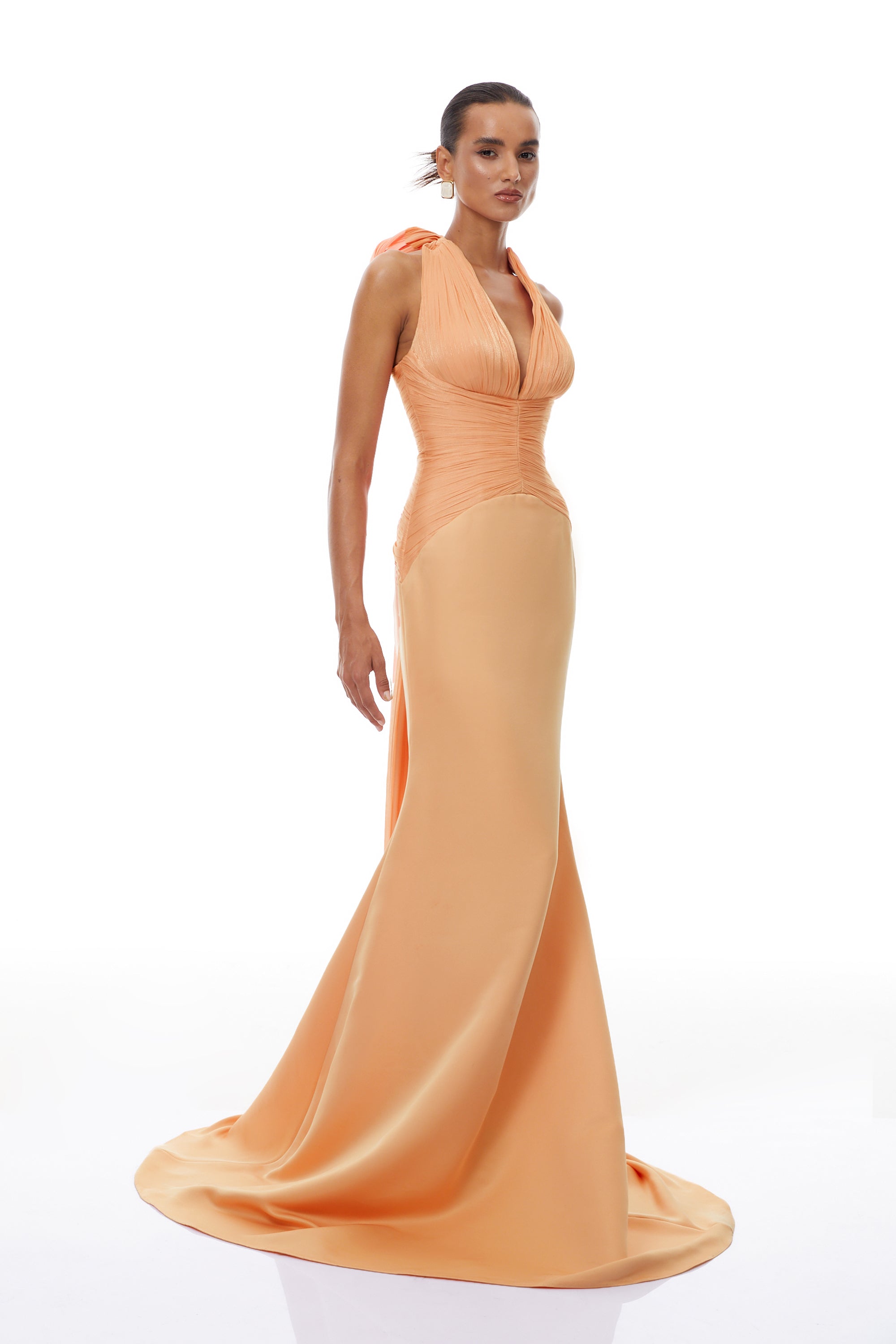 Emmeline Orange Train Design Gathered Maxi Dress