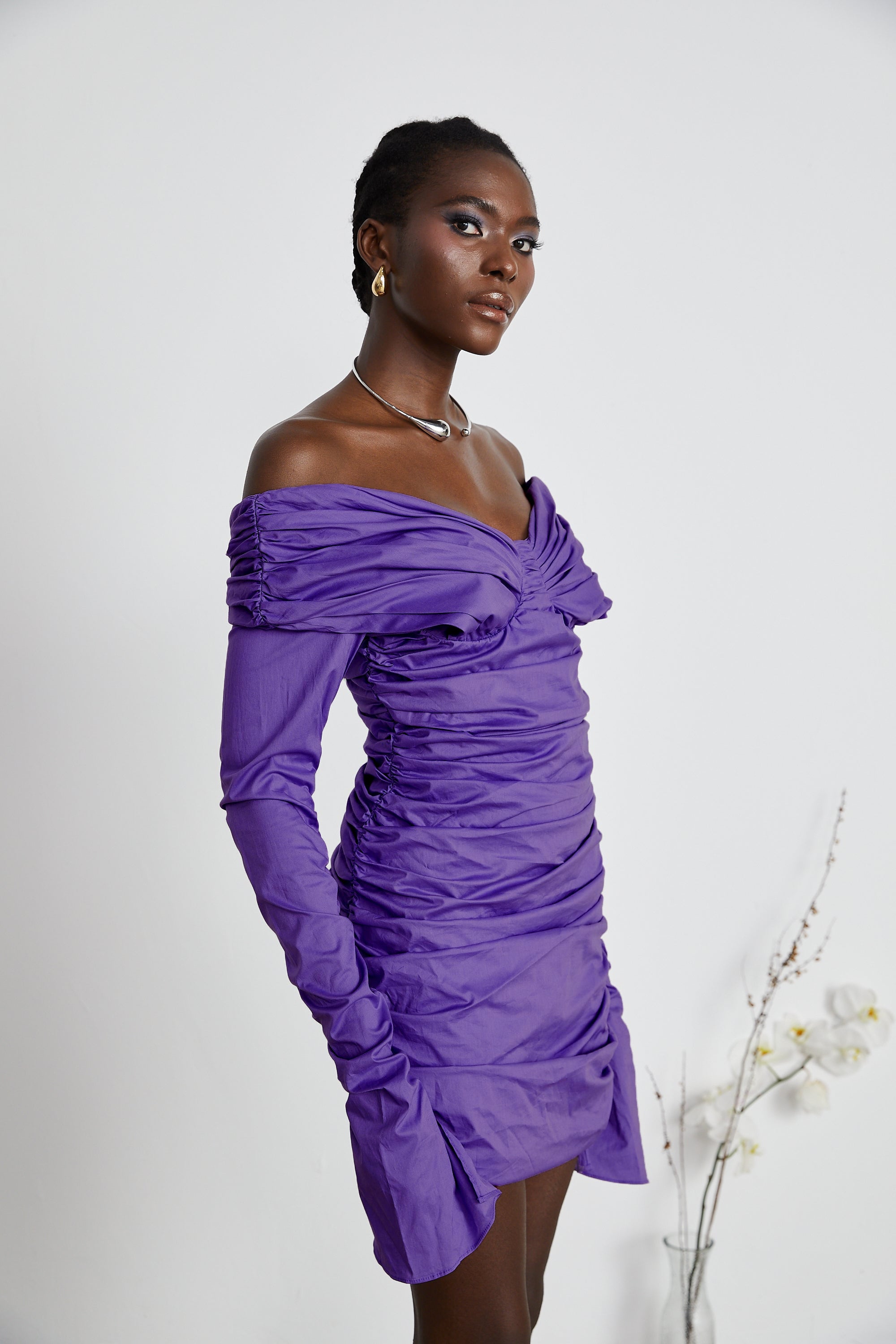 Apolline purple off-shoulder ruched mini dress (Final Sale-US Only)