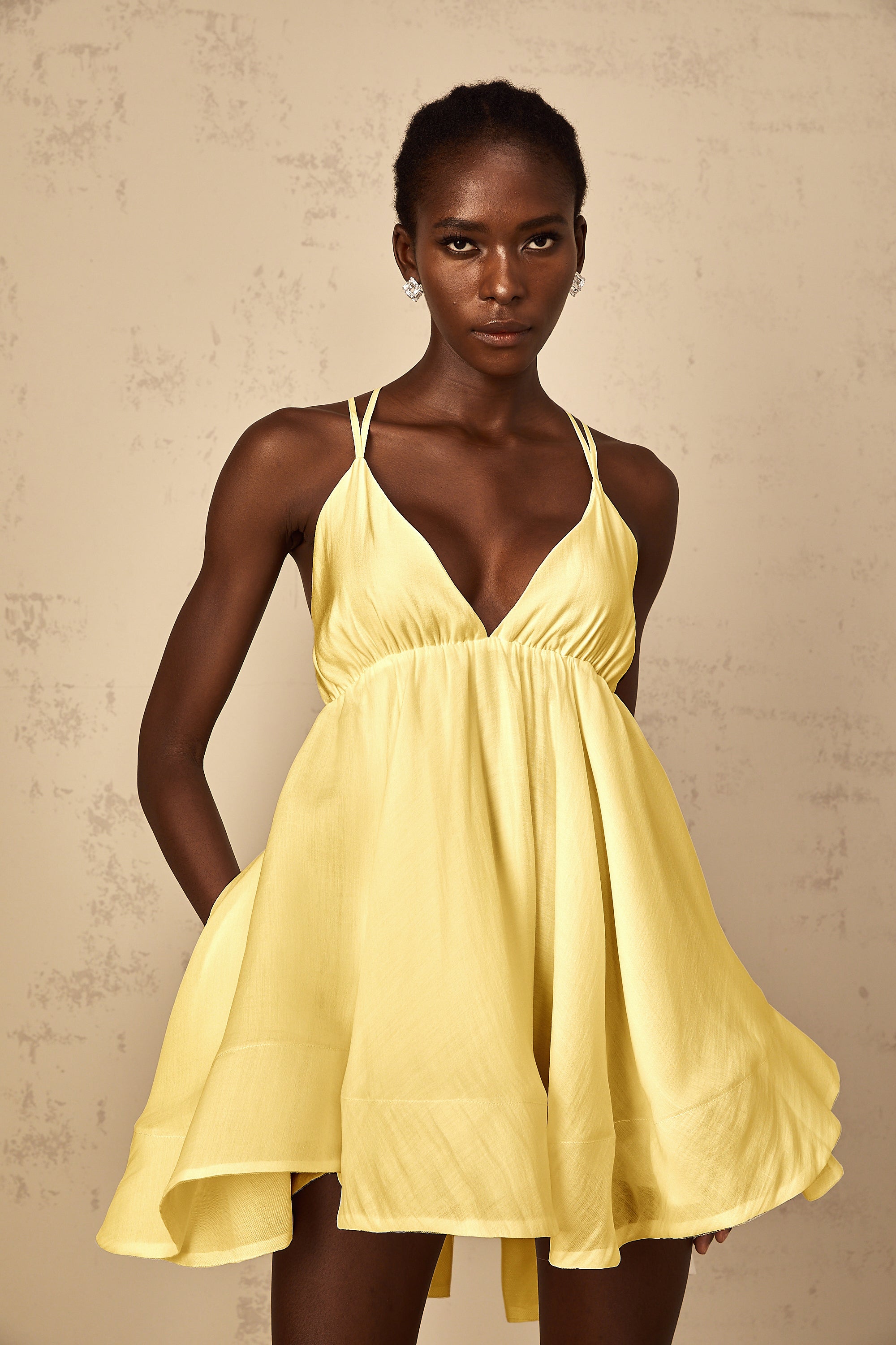 Quincie Yellow Shirred Flounced Mini Dress (Final Sale)