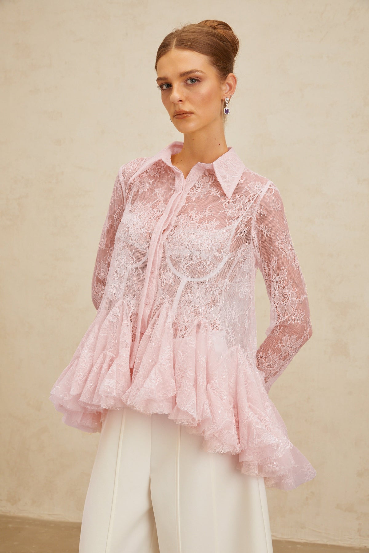 Ingrid Pink Peplum Floral Lace Blouse