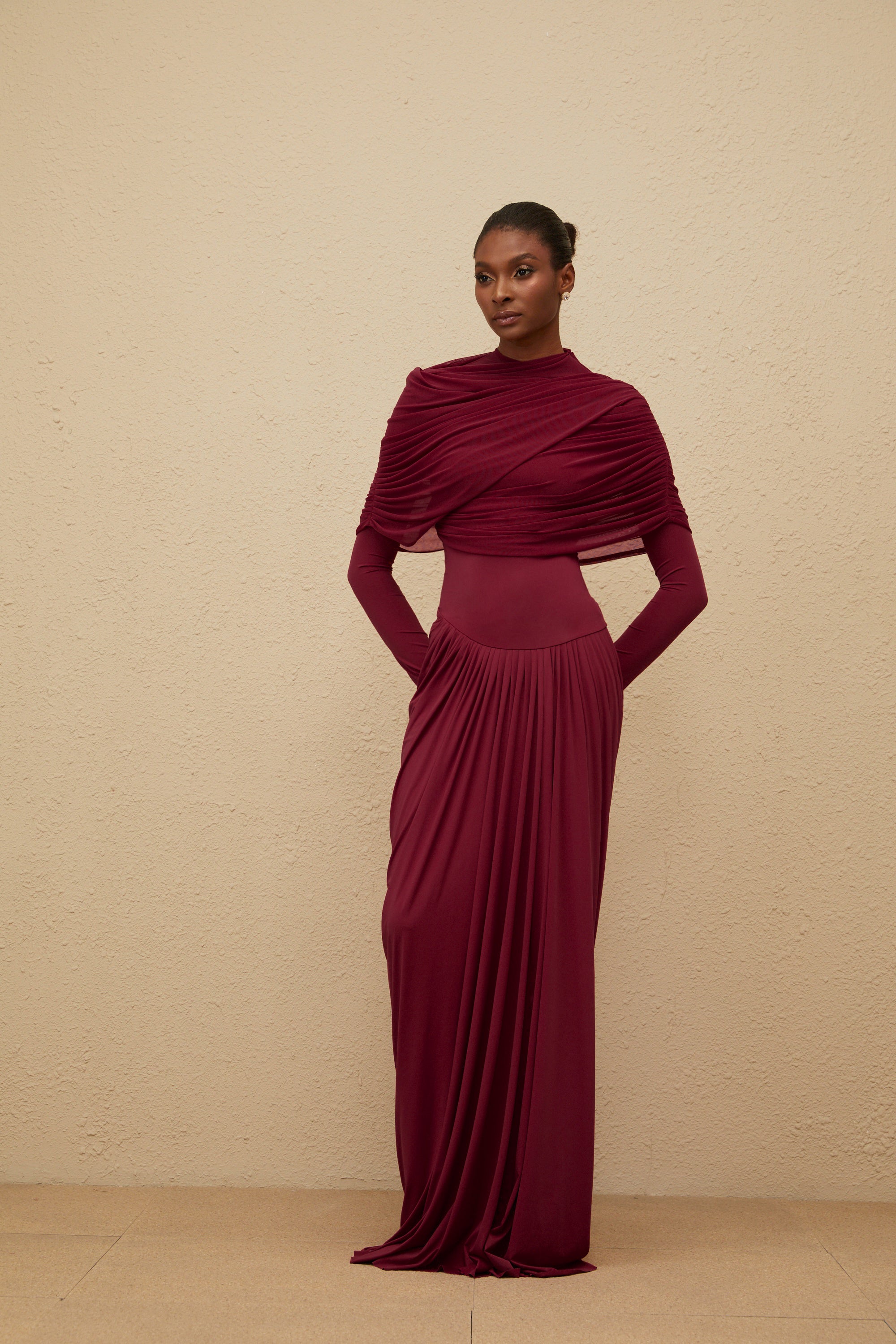 Catherine Red Asymmetrical Pleated Long-Sleeve Maxi Dress