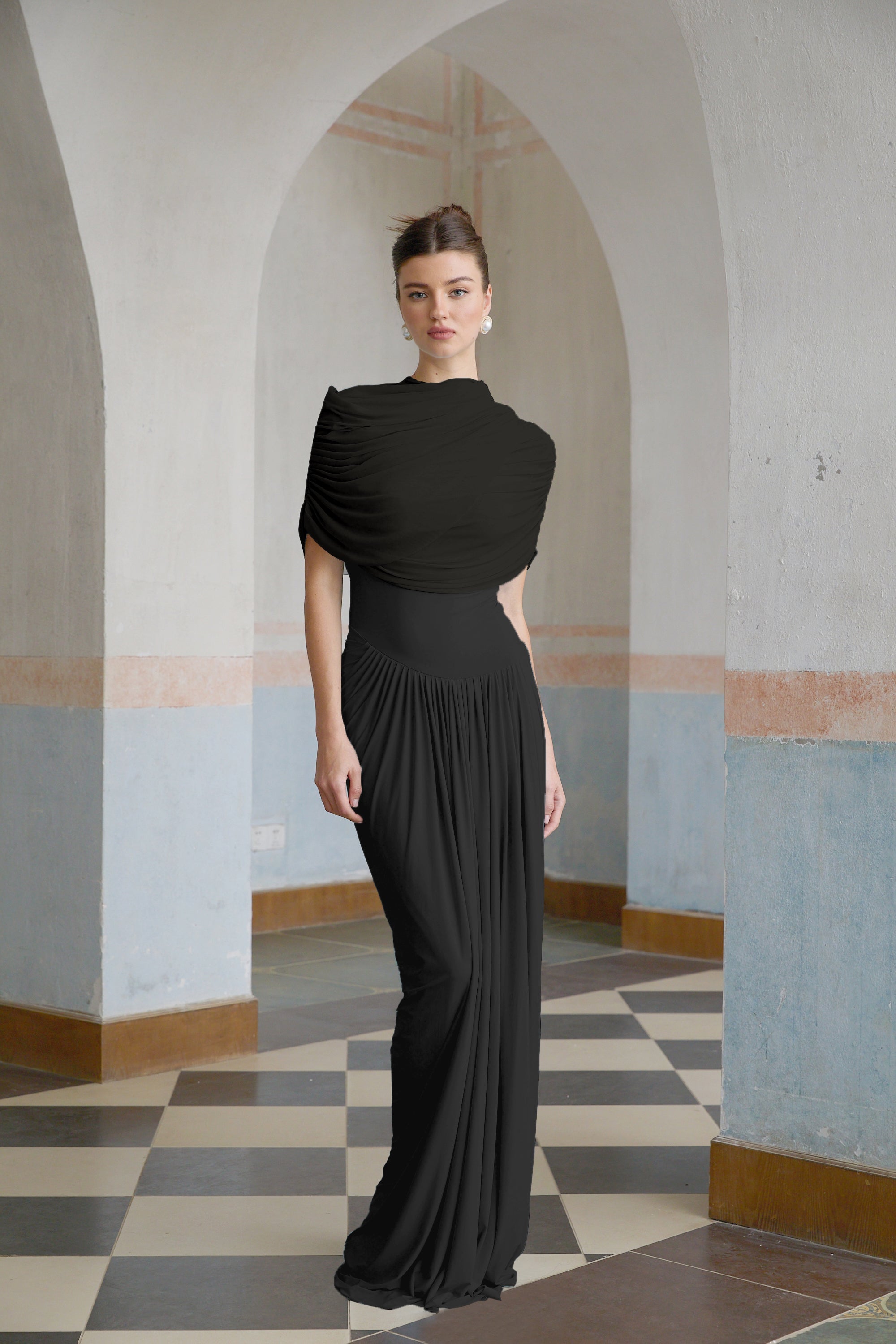Catherine asymmetric pleated maxi dress in Black