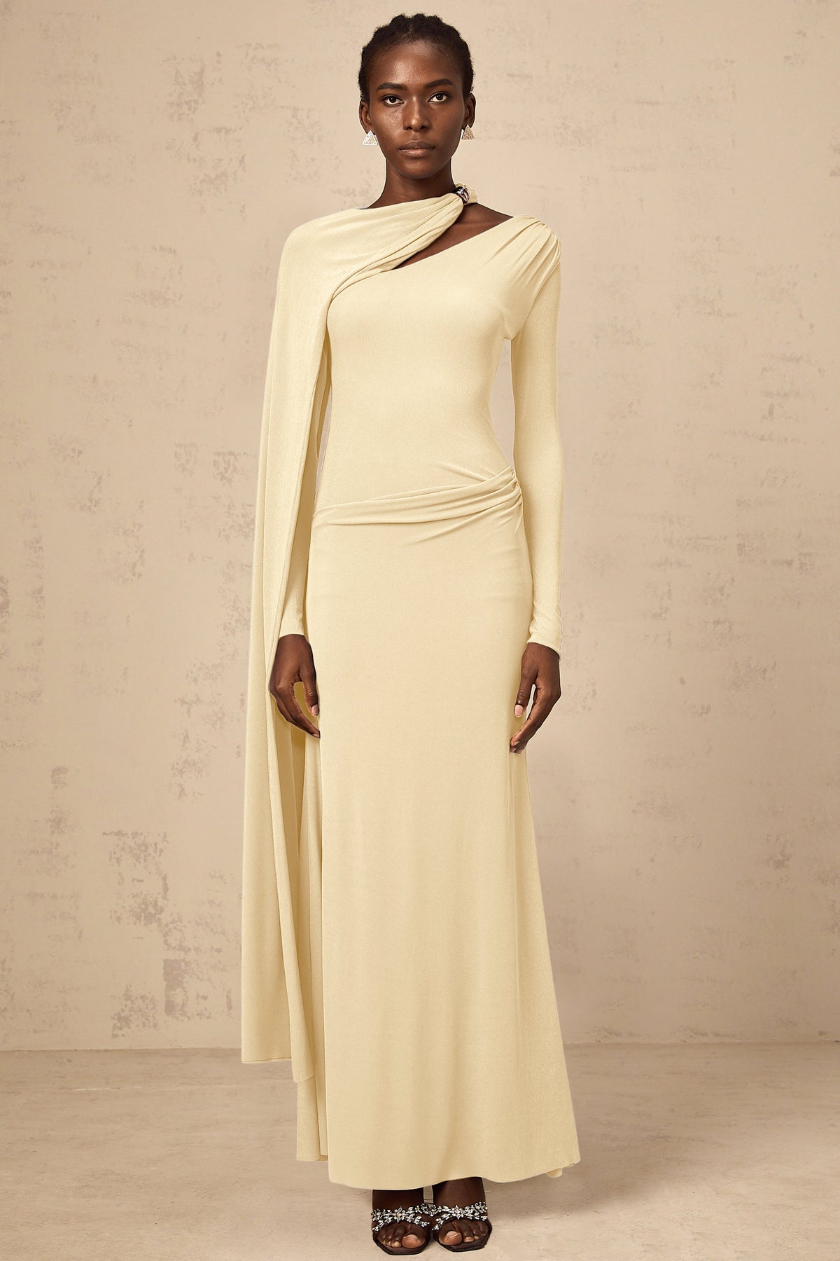 Josette Yellow Diagonal Shawl Fitted Maxi Dress