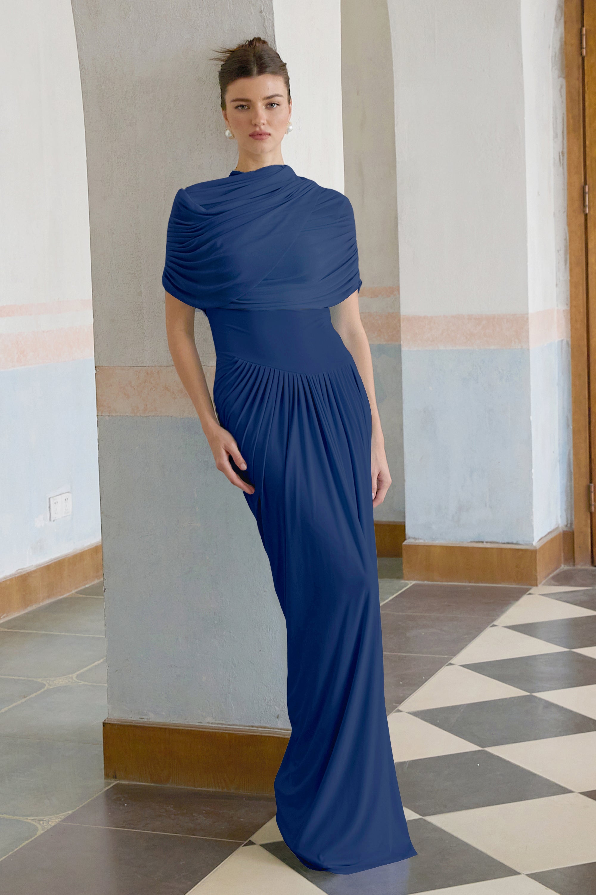 Catherine asymmetrical pleated maxi dress in Navy-blue (Final Sale-US Only)