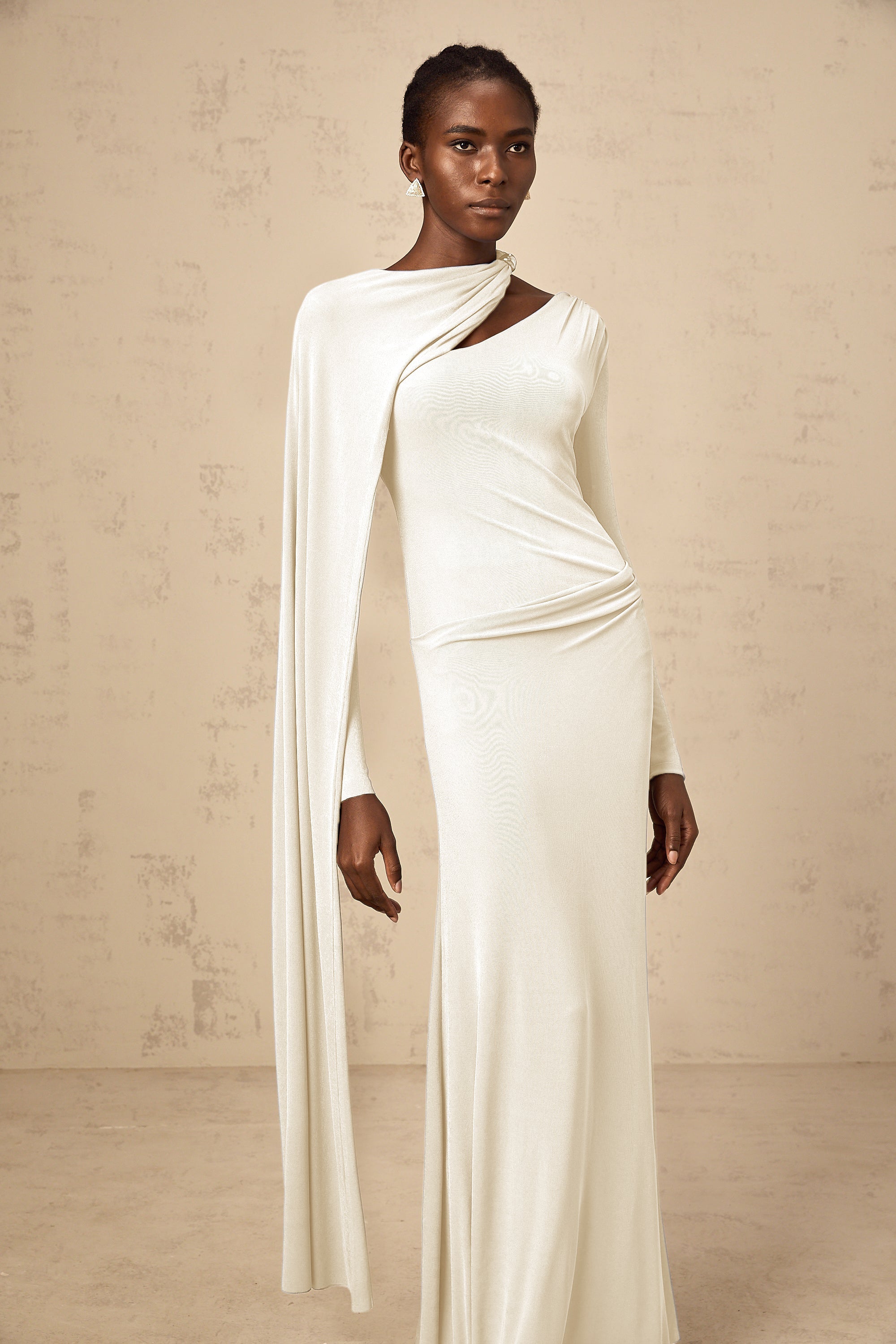Josette White Diagonal Shawl Fitted Maxi Dress