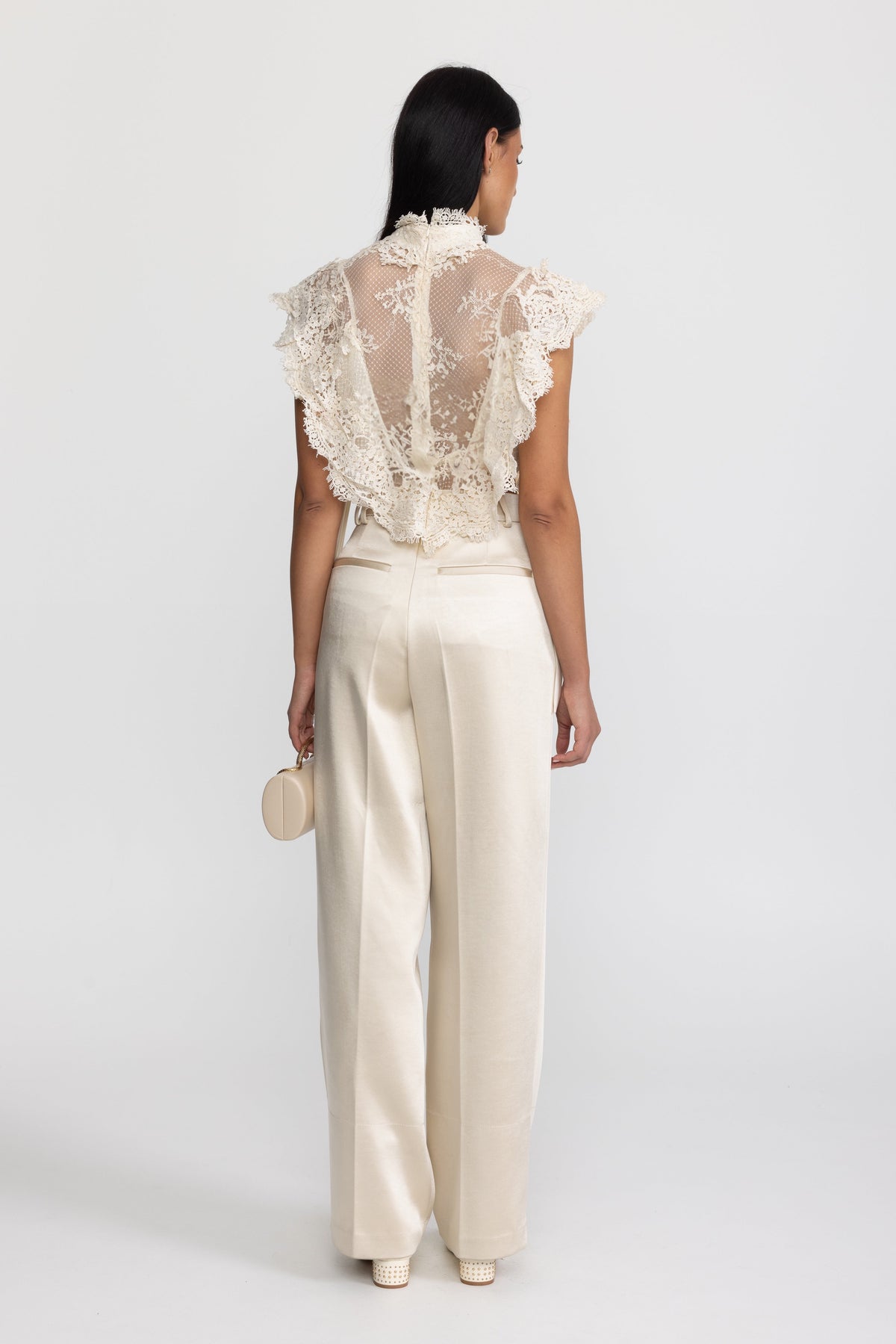 Sheer Lace Ruffle Mock Neck Top - Ivoire