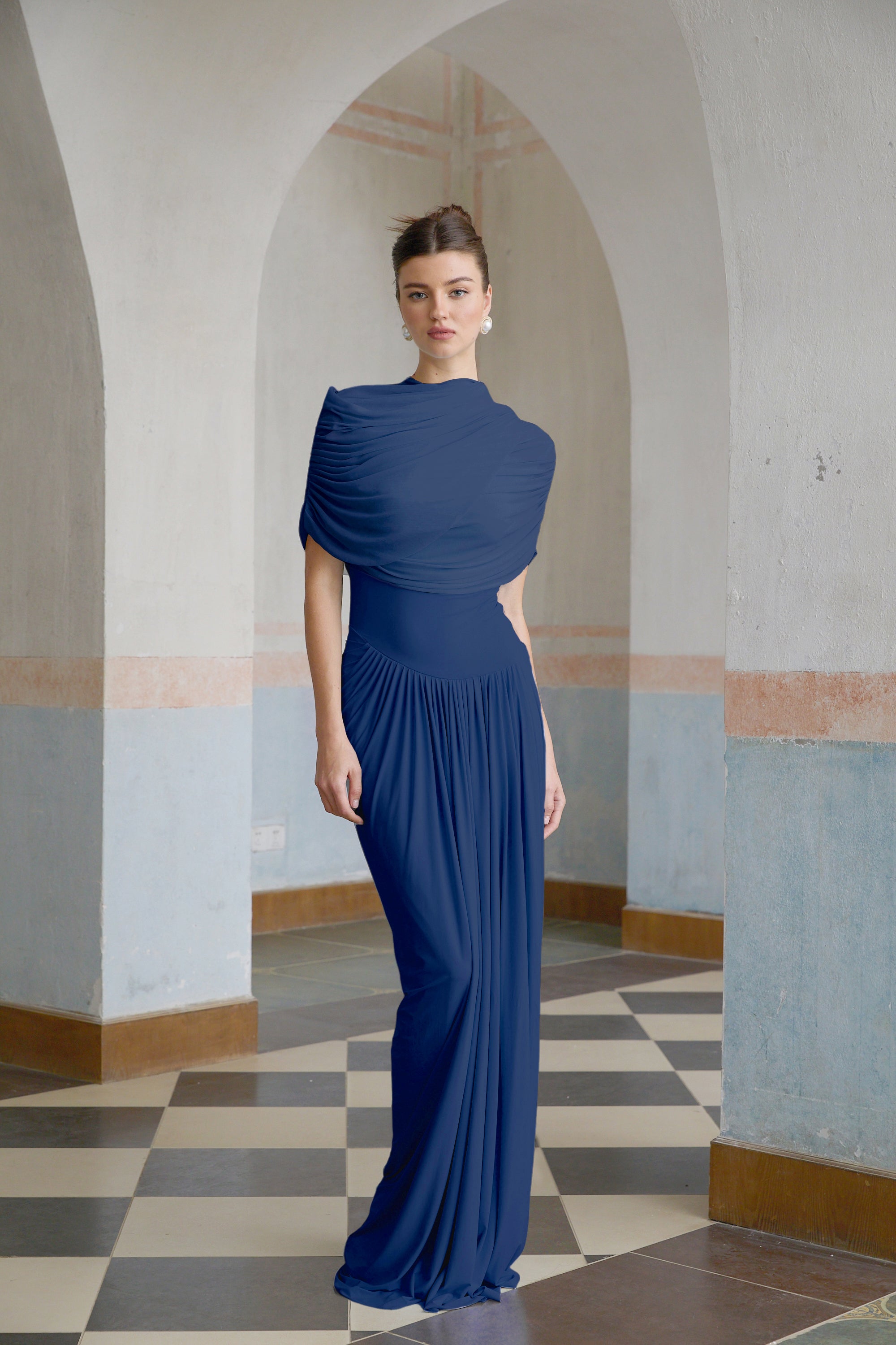 Catherine asymmetrical pleated maxi dress in Navy-blue (Final Sale-US Only)