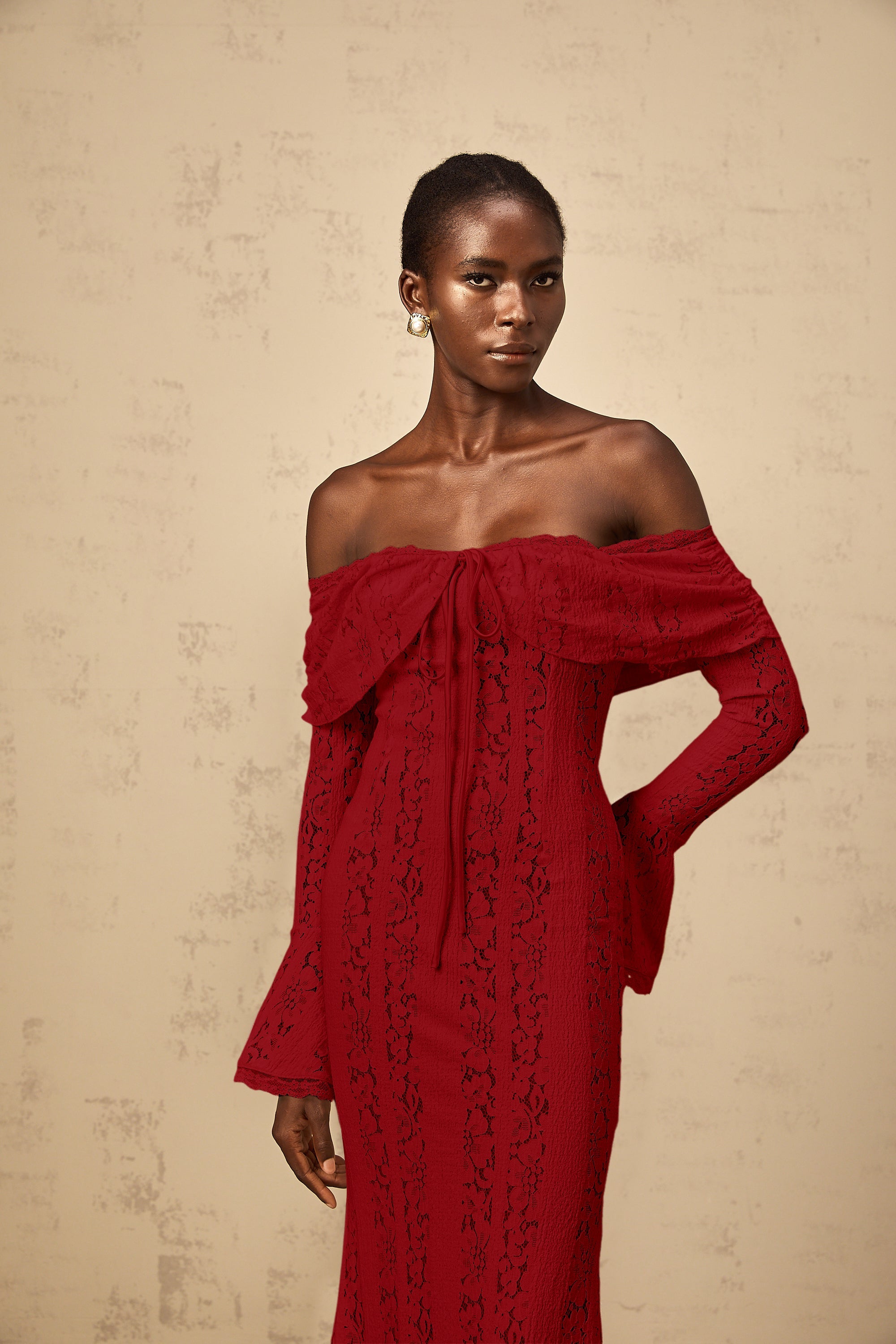 Émeline floral lace train-design maxi dress in Red (Final Sale-US Only)