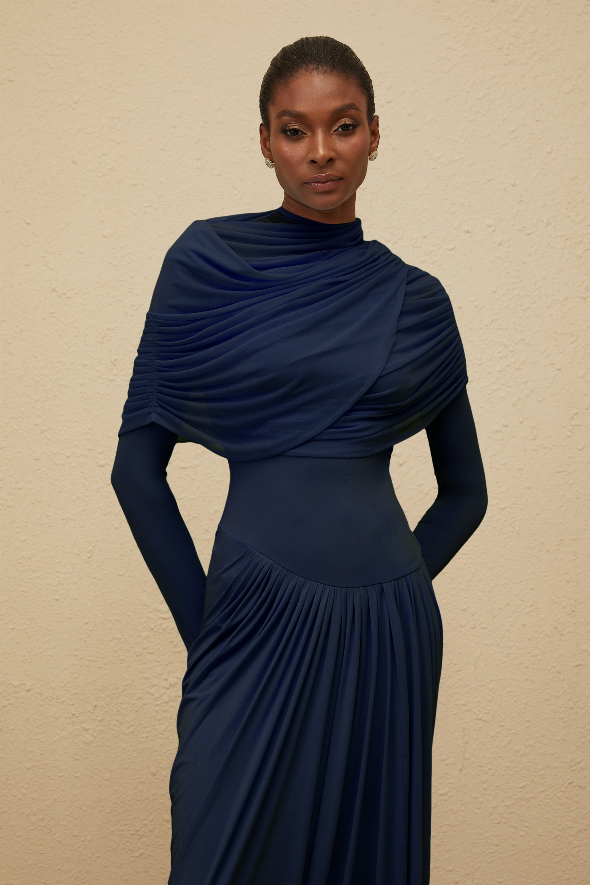 Catherine Navy-Blue Asymmetrical Pleated Long-Sleeve Maxi Dress