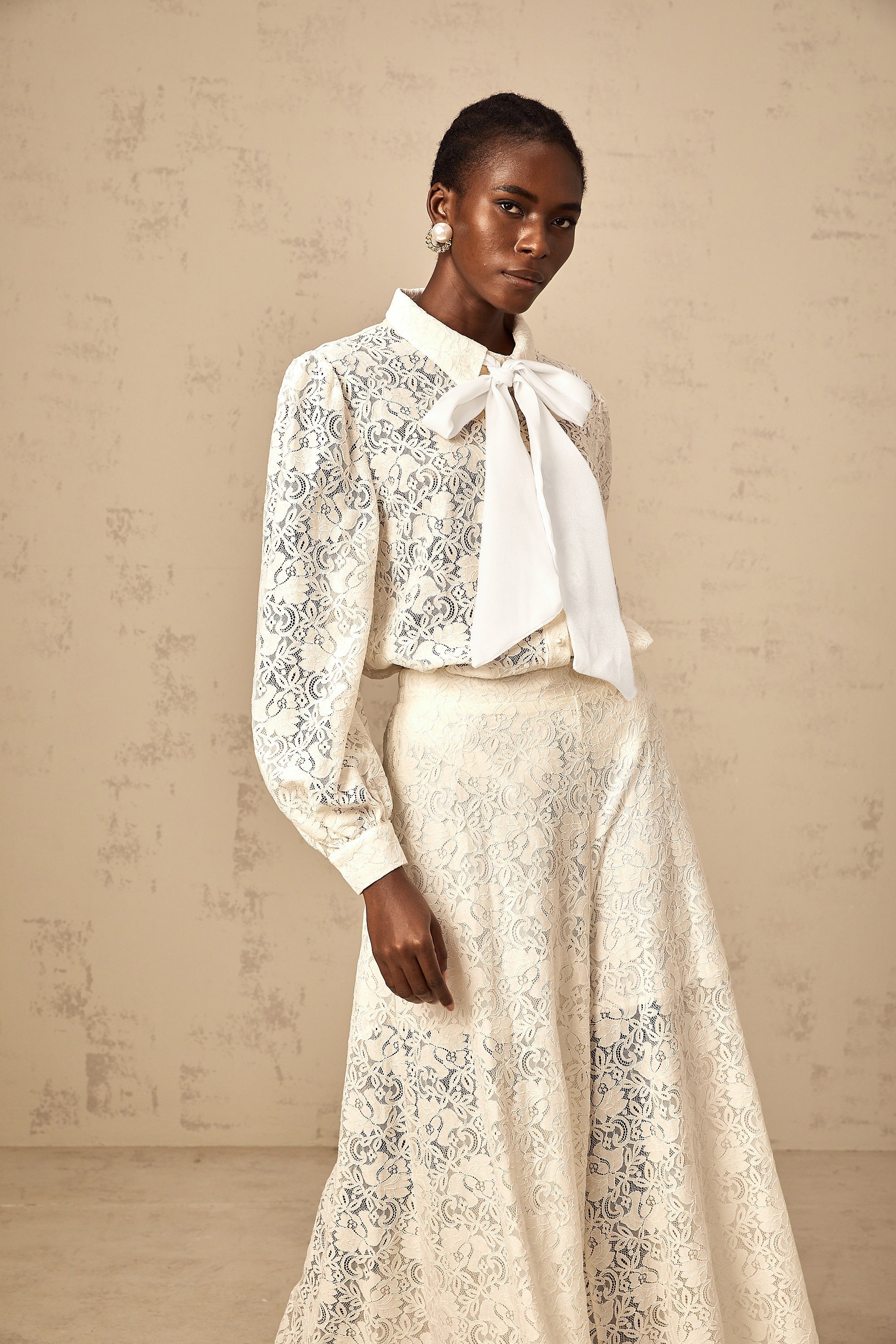 Vanessa white guipure-lace shirt & trousers matching set (Final Sale-US Only)