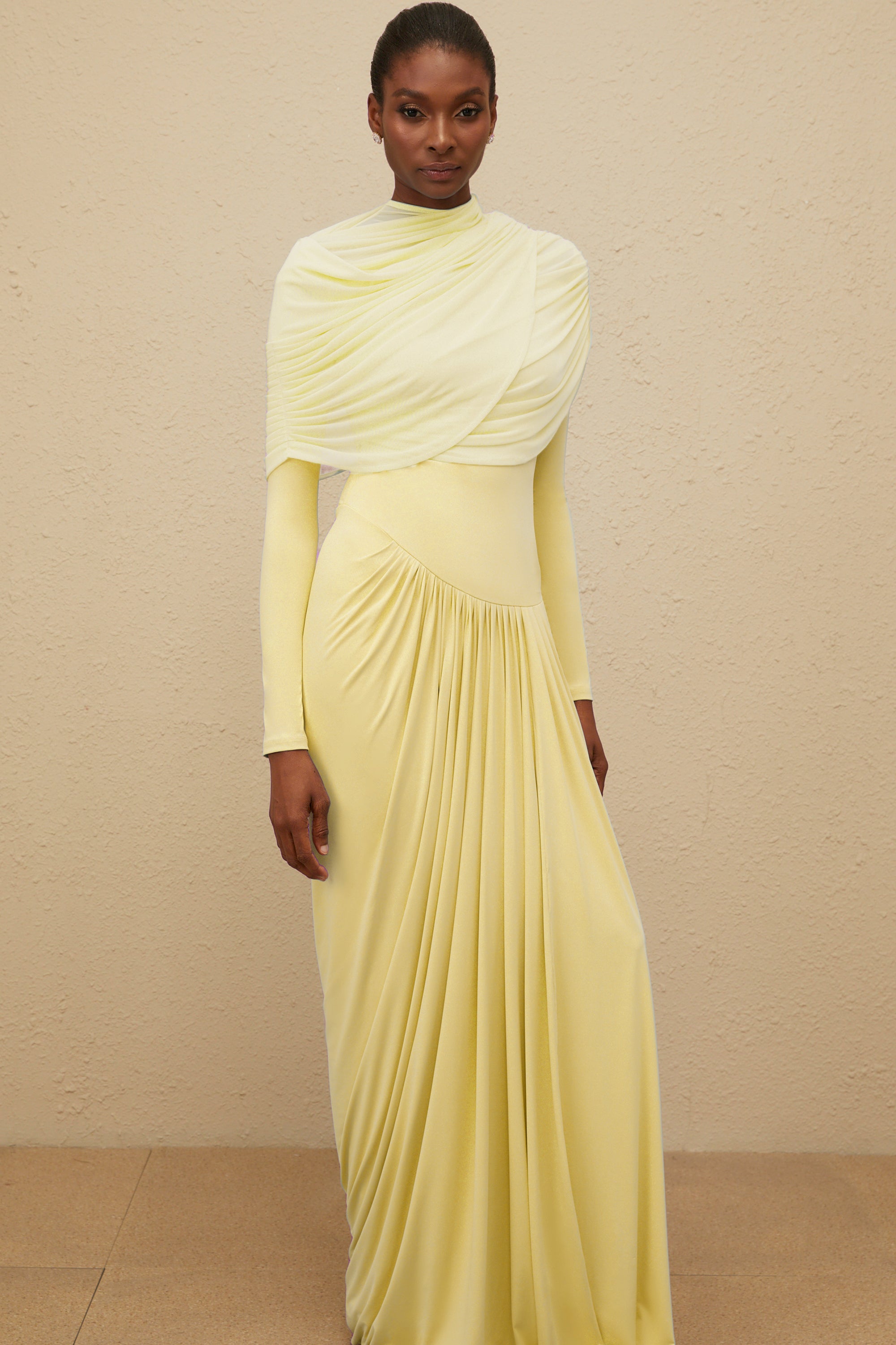 Catherine Yellow Asymmetrical Pleated Long-Sleeve Maxi Dress (Final Sale-US Only)