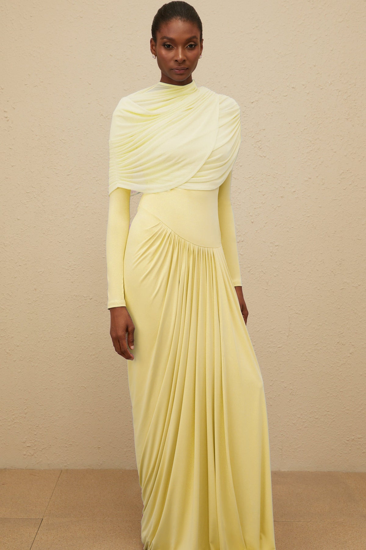 Catherine Yellow Asymmetrical Pleated Long-Sleeve Maxi Dress (Final Sale-US Only)