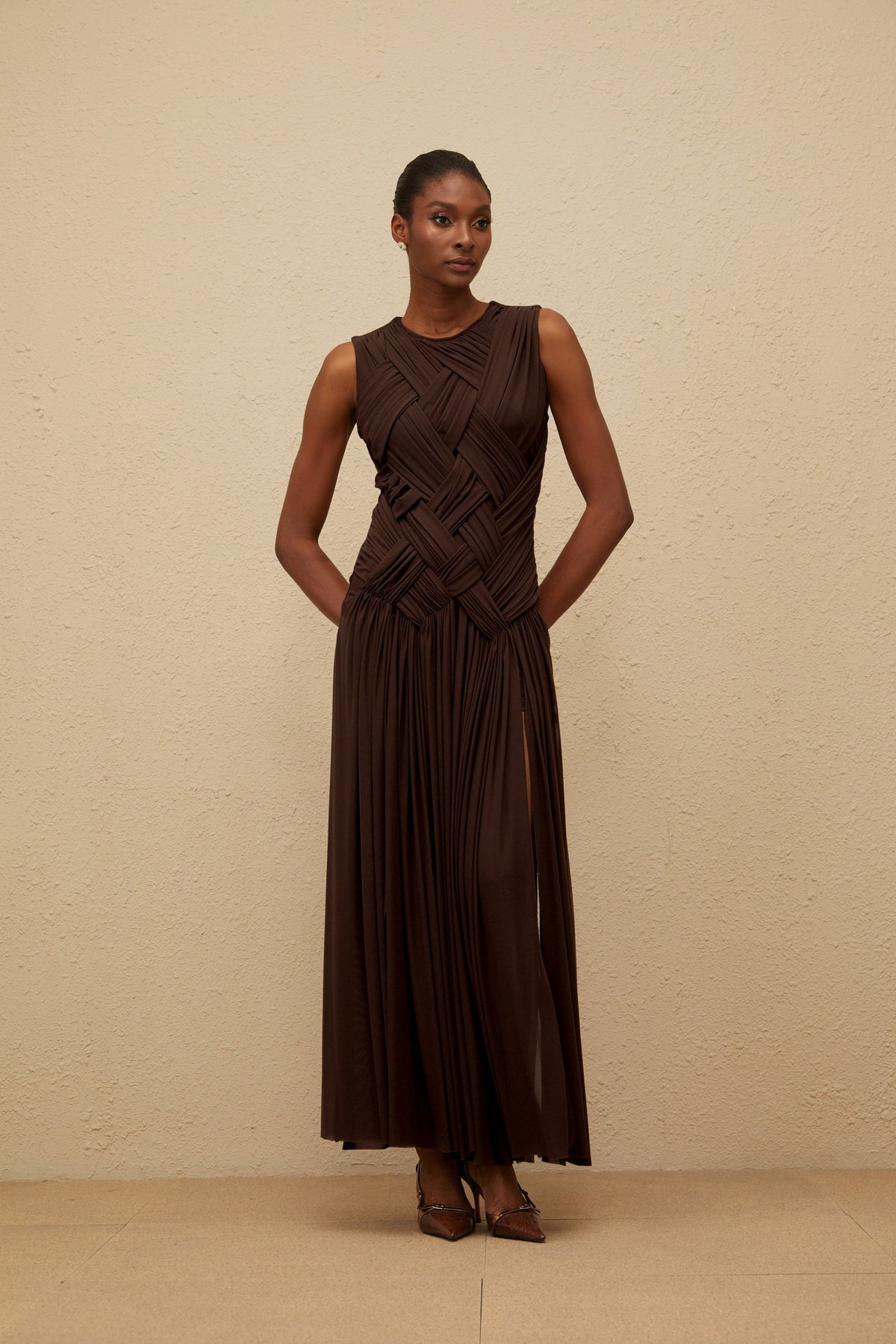 Daphné Brown Asymmetrical Braided Tulle Midi Dress