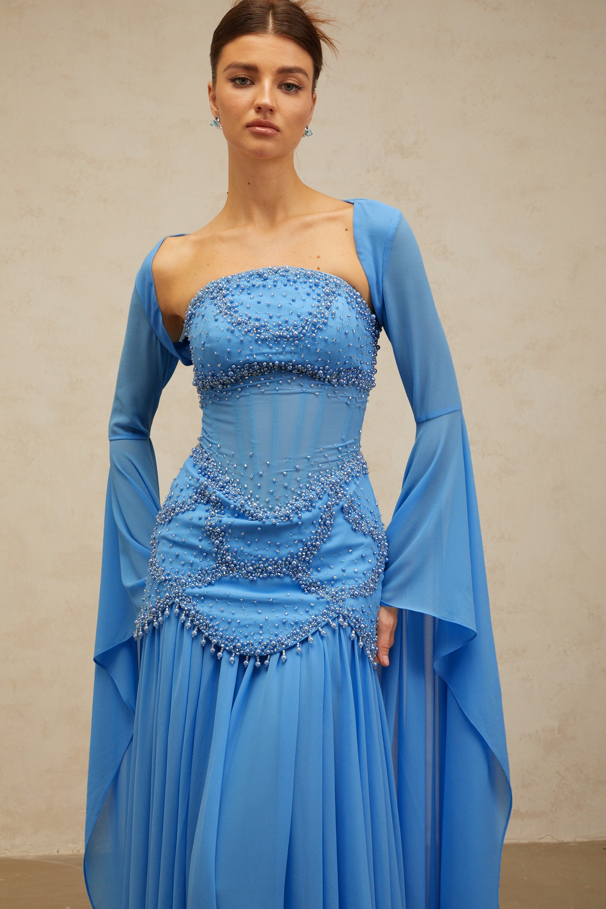 Gaëlle blue faux-pearl-embellished pleated maxi dress (Final Sale-US Only)