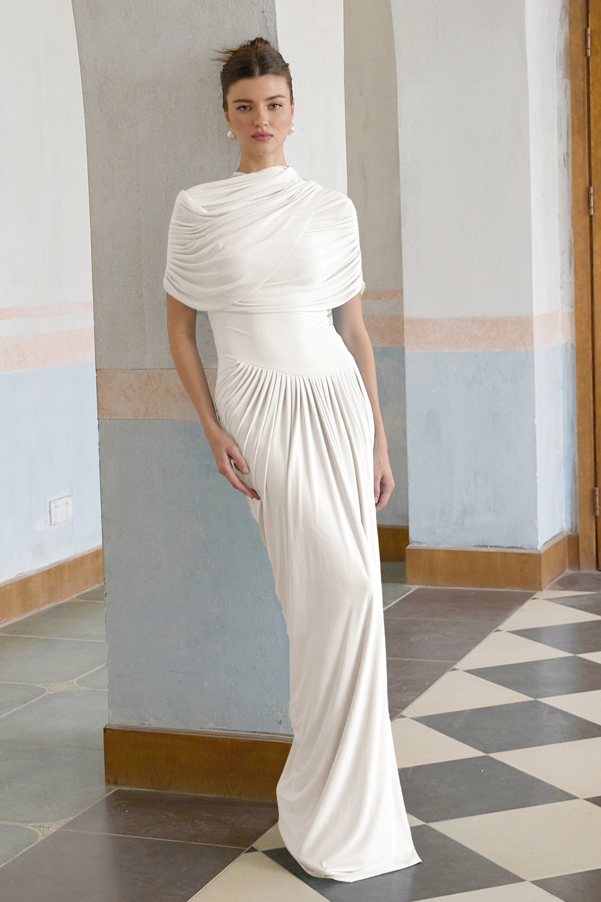 Catherine asymmetric pleated maxi dress in White