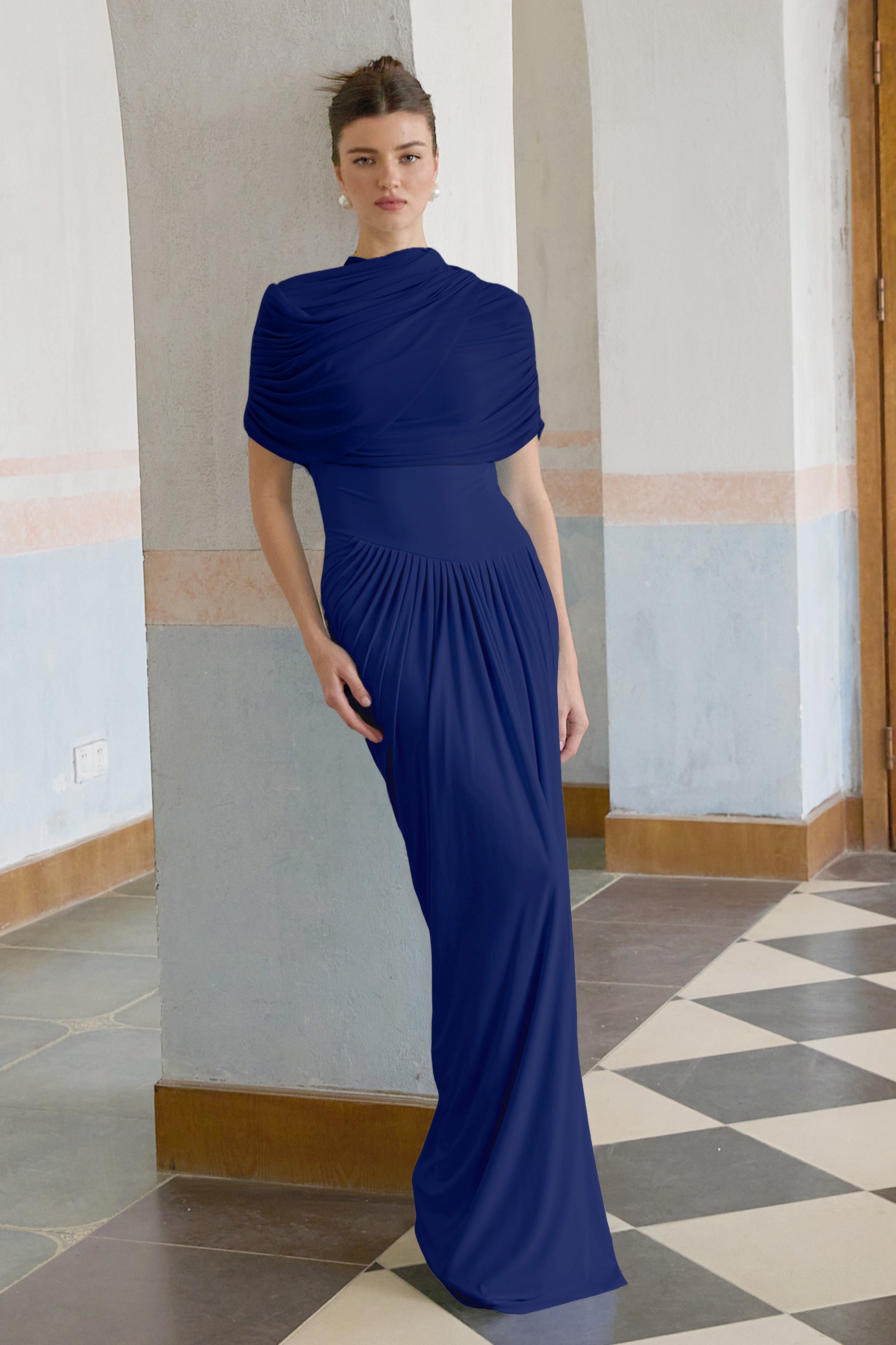 Catherine asymmetric pleated maxi dress in Navy-blue