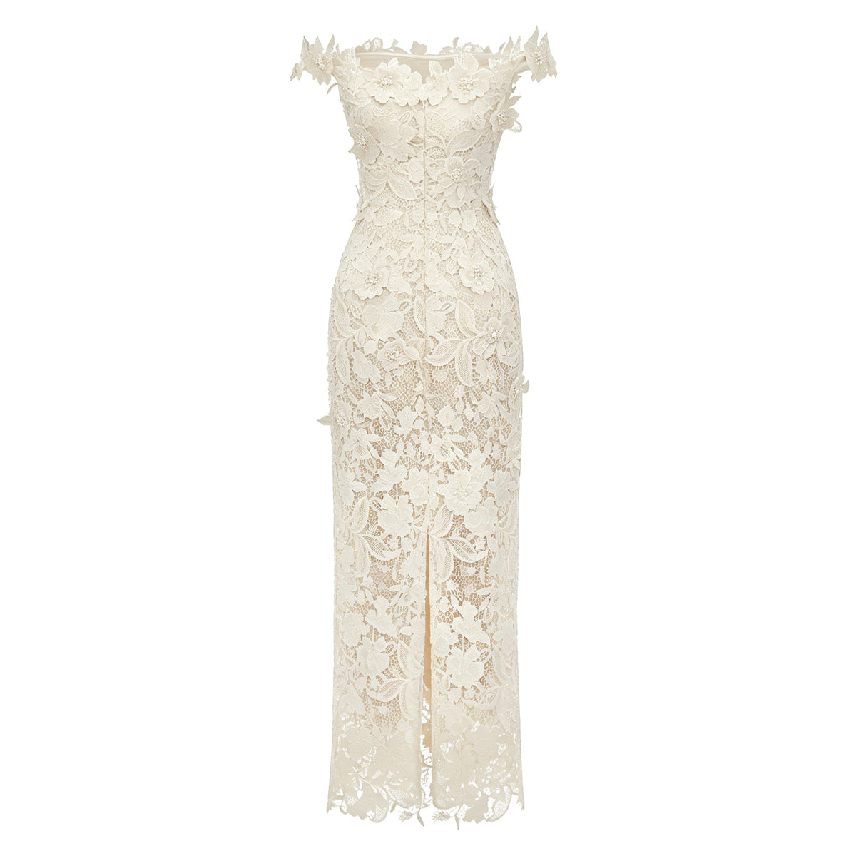 Hecate White Beaded Lace Maxi Dress with 3D Florals