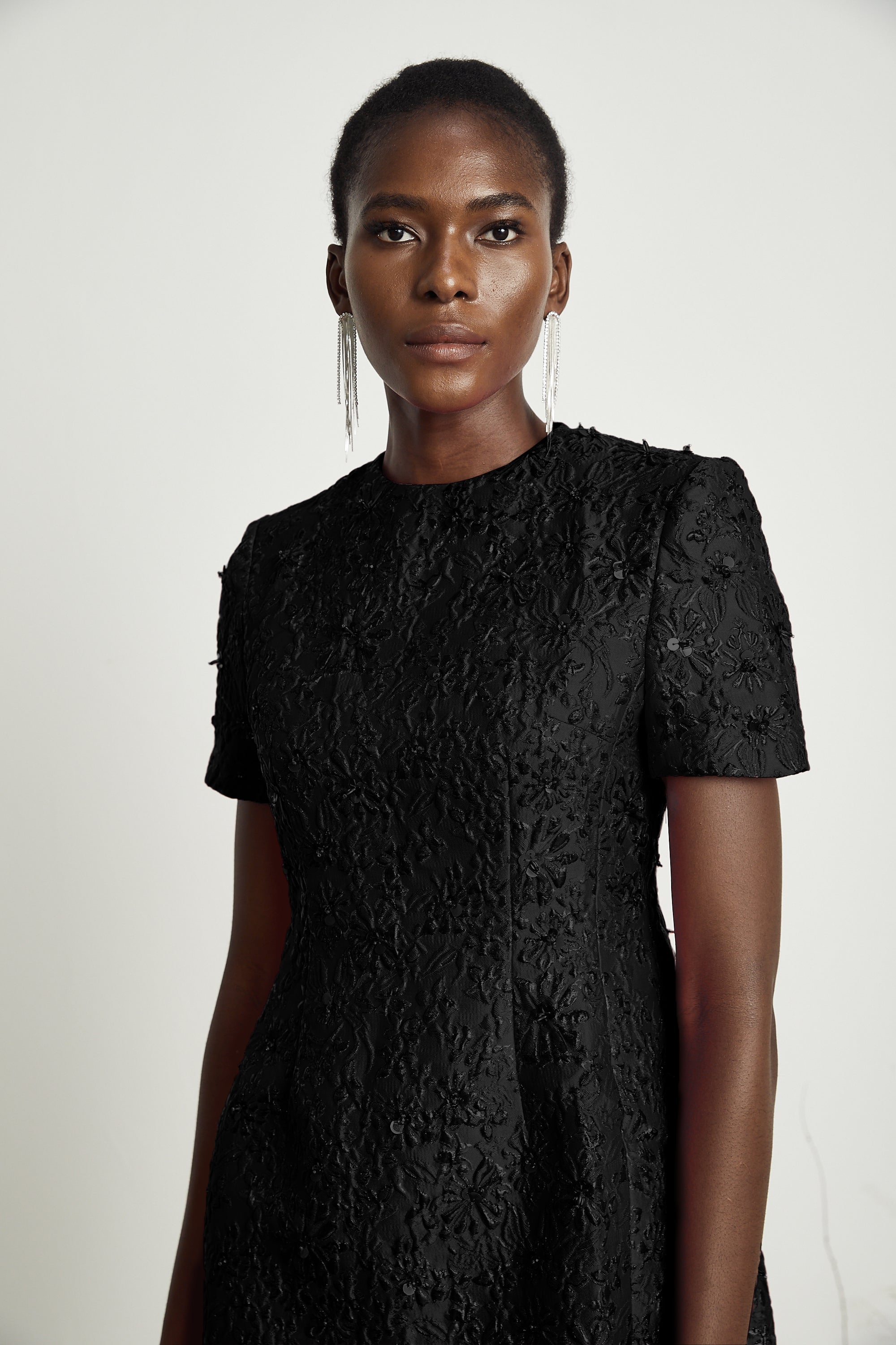 Celestia Floral-Appliqué Embellished Mini Dress in Black