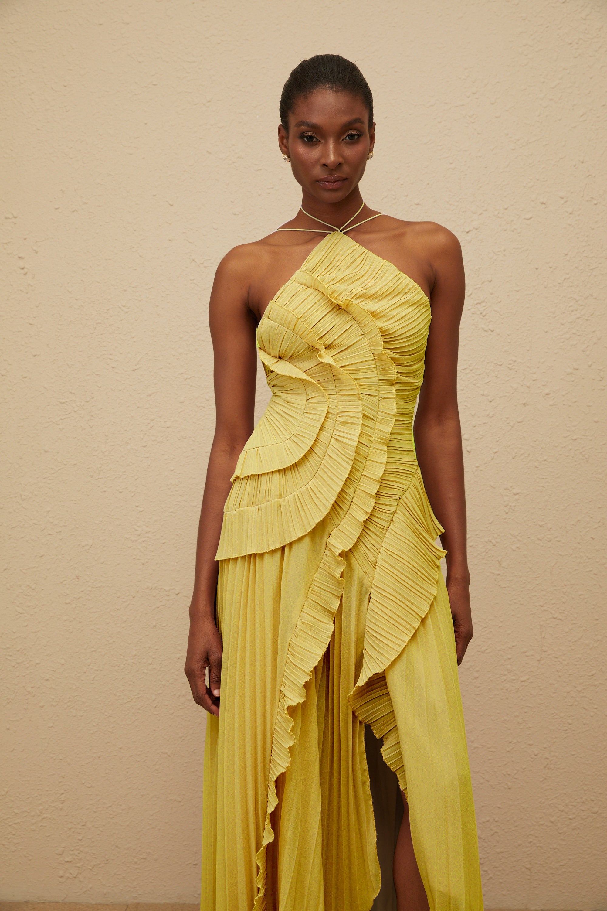 Doux Yellow Ruffled Trim Pleated Midi Dress (Final Sale-US Only)