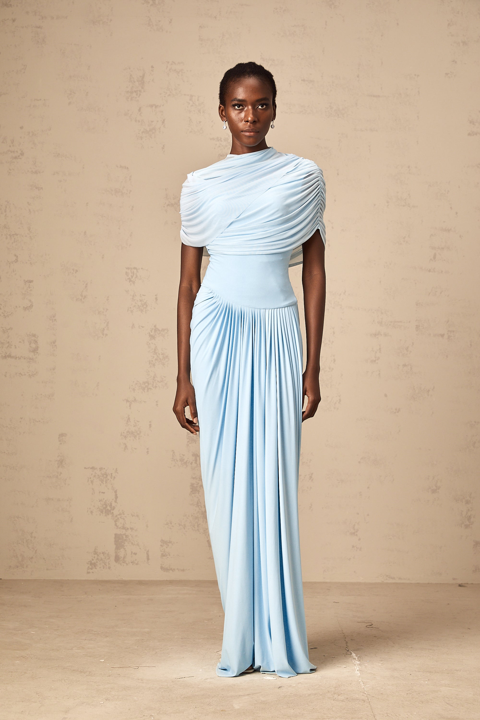 Catherine asymmetrical pleated maxi dress in Baby-blue