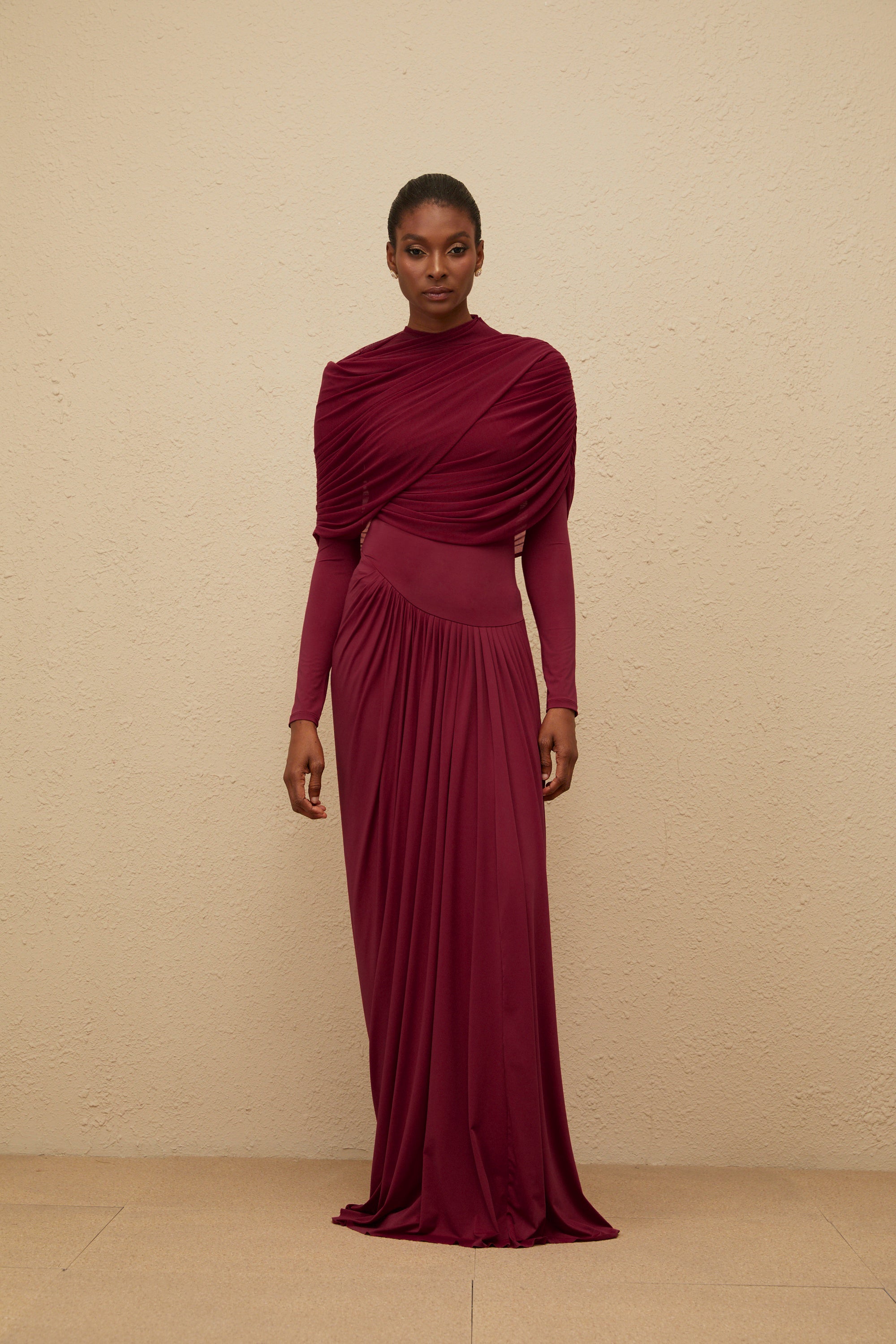 Catherine Red Asymmetrical Pleated Long-Sleeve Maxi Dress