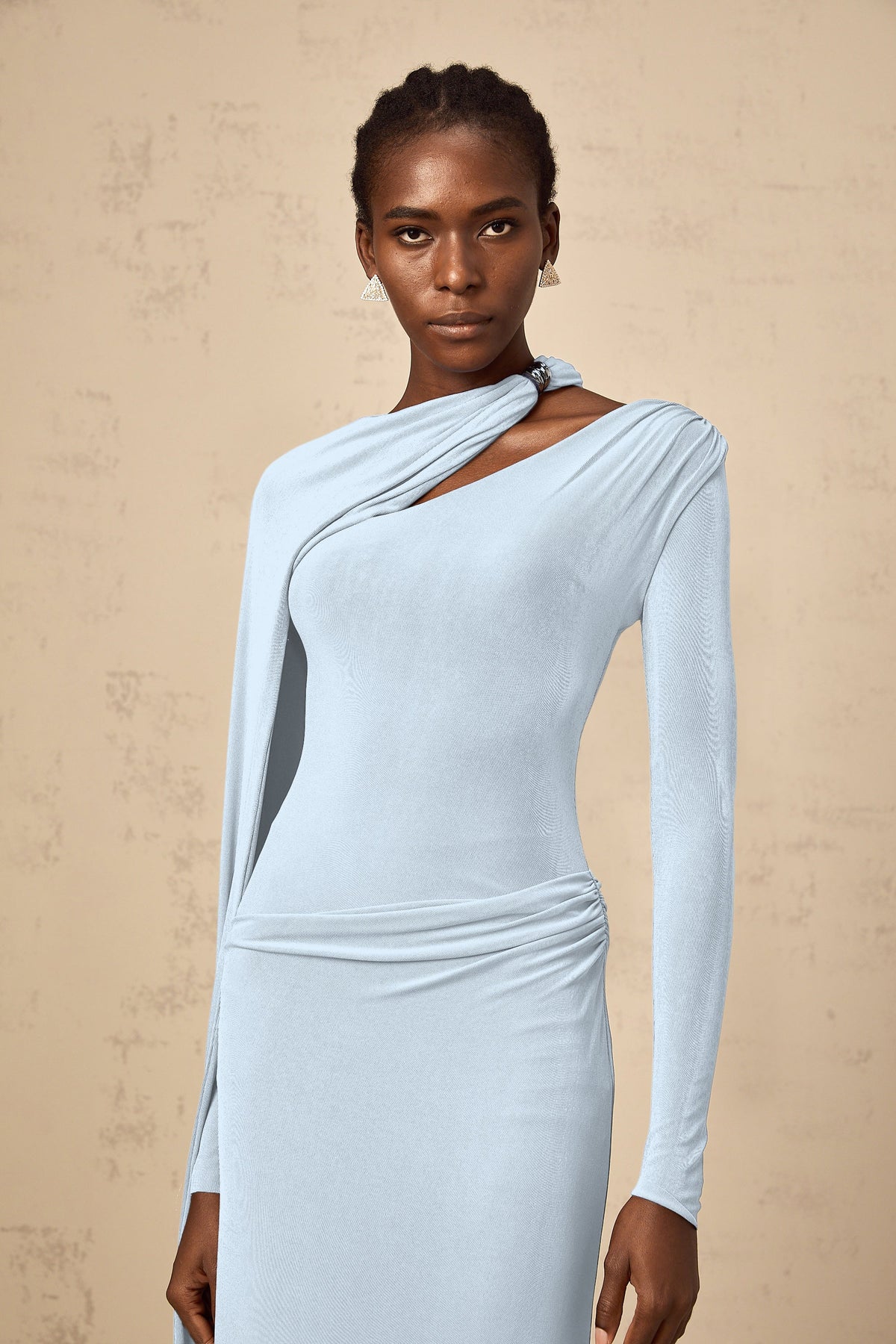 Josette Blue Diagonal Shawl Fitted Maxi Dress