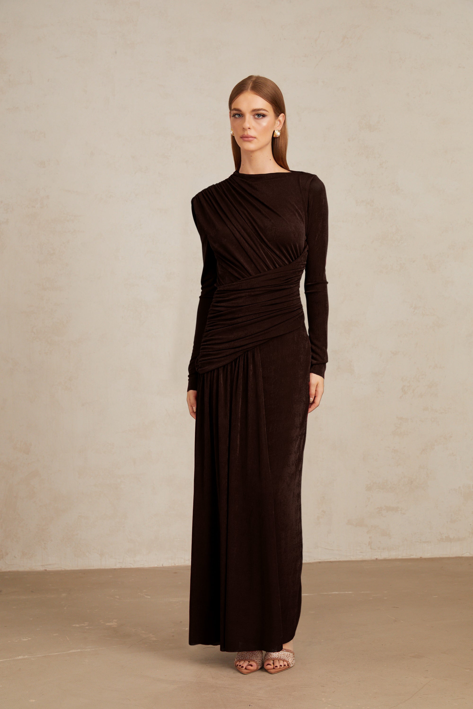 Charme Brown Ruched Maxi Dress
