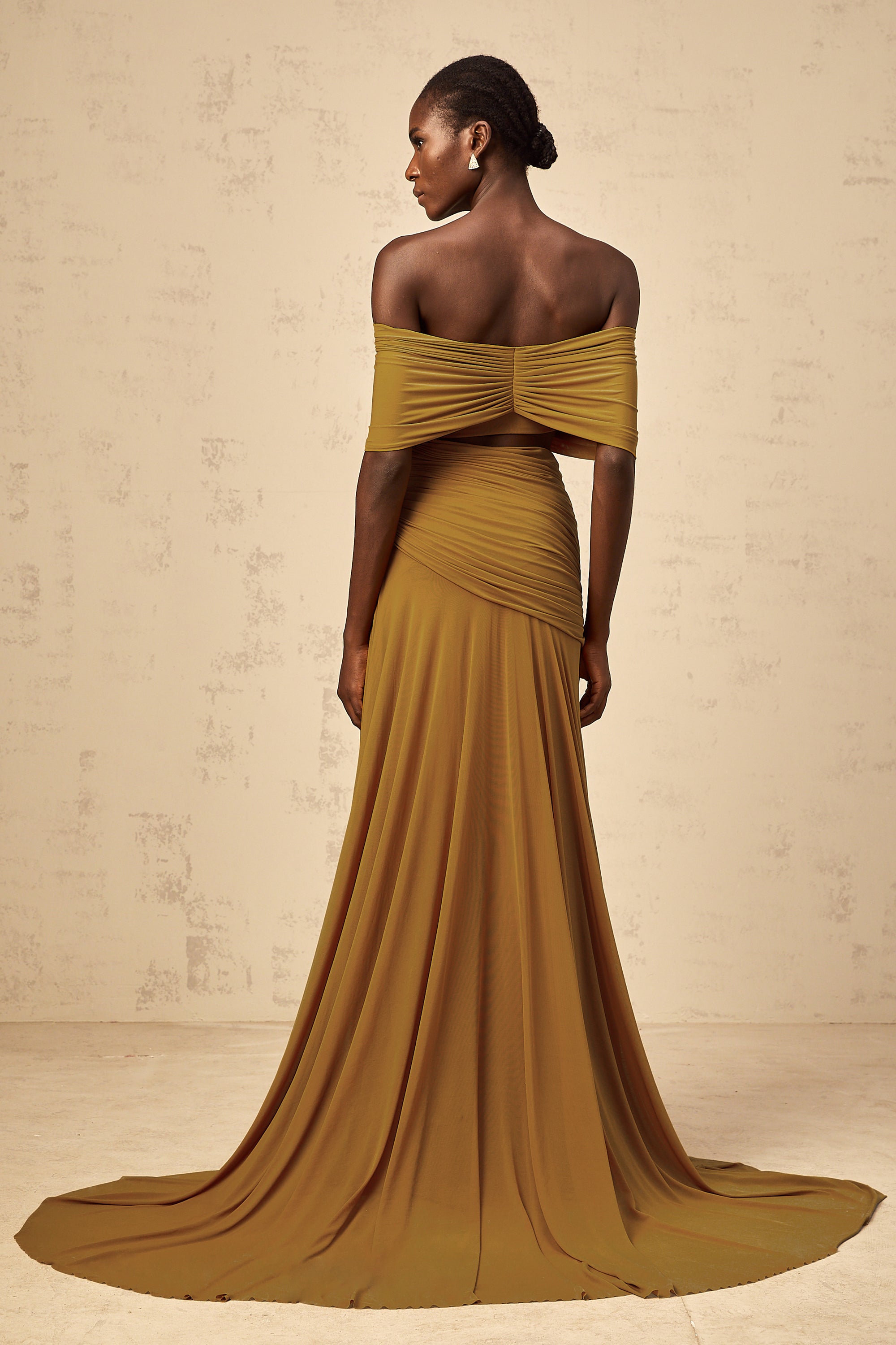 Ludivine ocher off-shoulder cut-out ruched maxi dress (Final Sale-US Only)