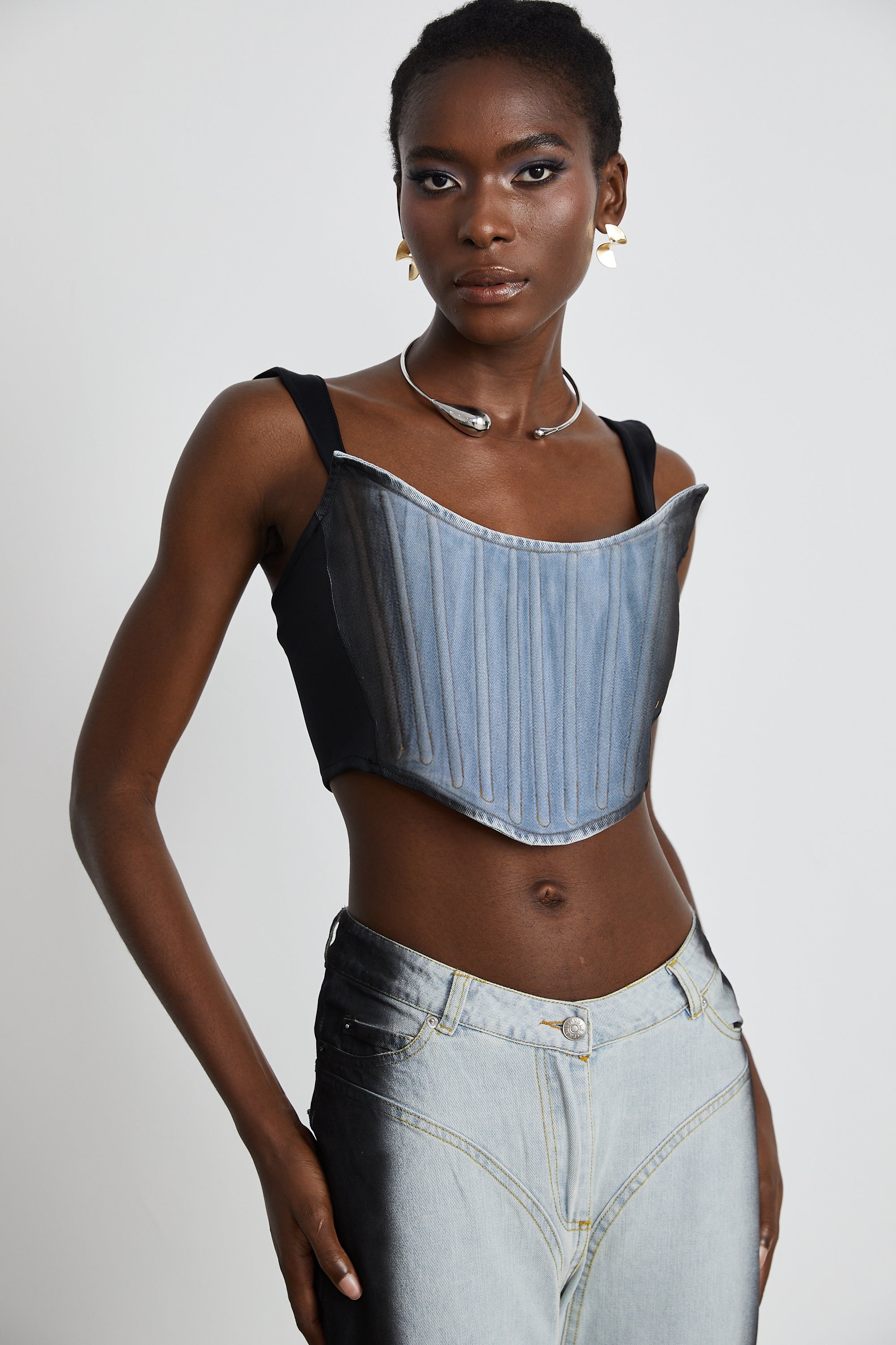 Manon two-tone denim cropped top