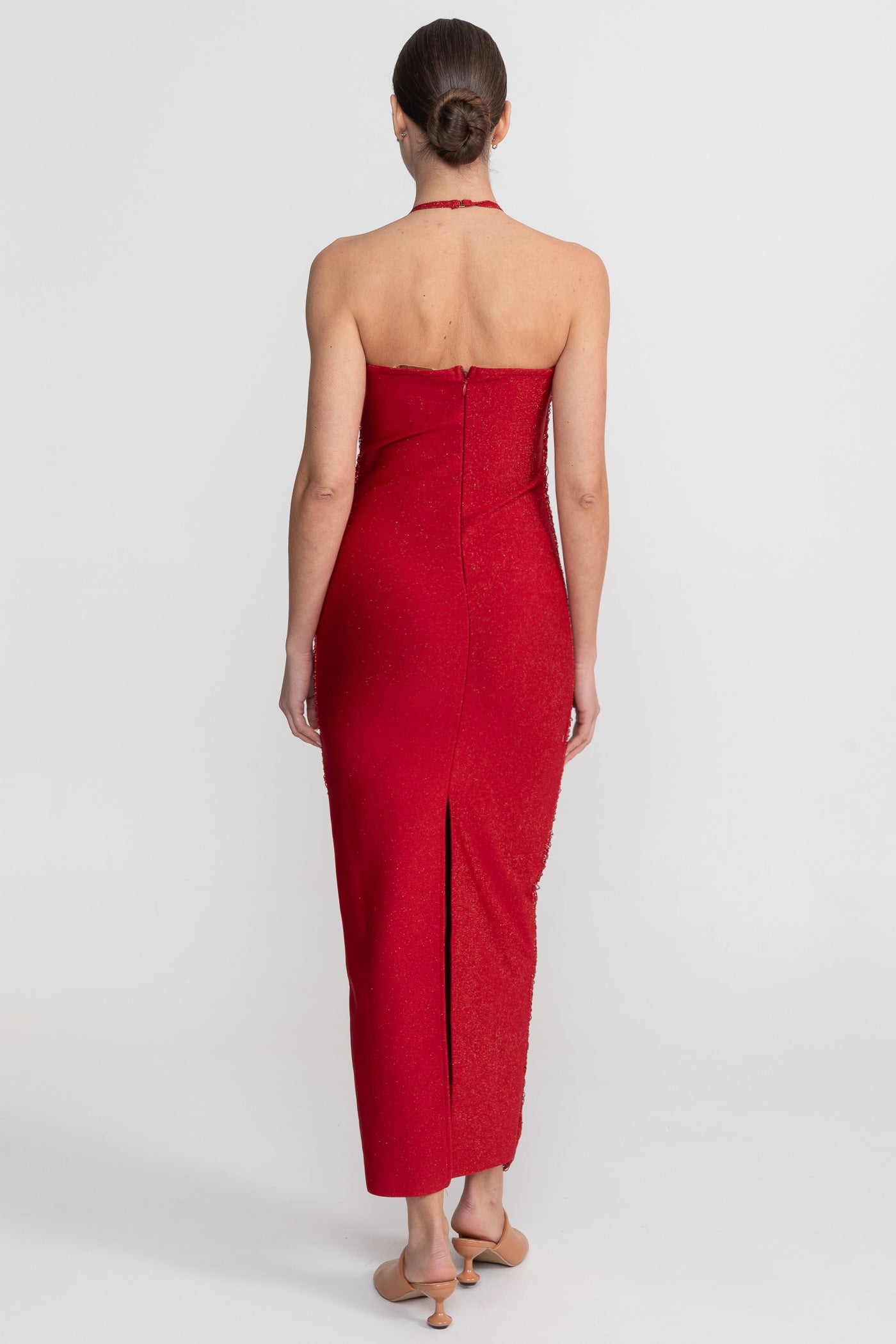 Halter Neck Midi Dress With All-Over Pleated Texture - Red