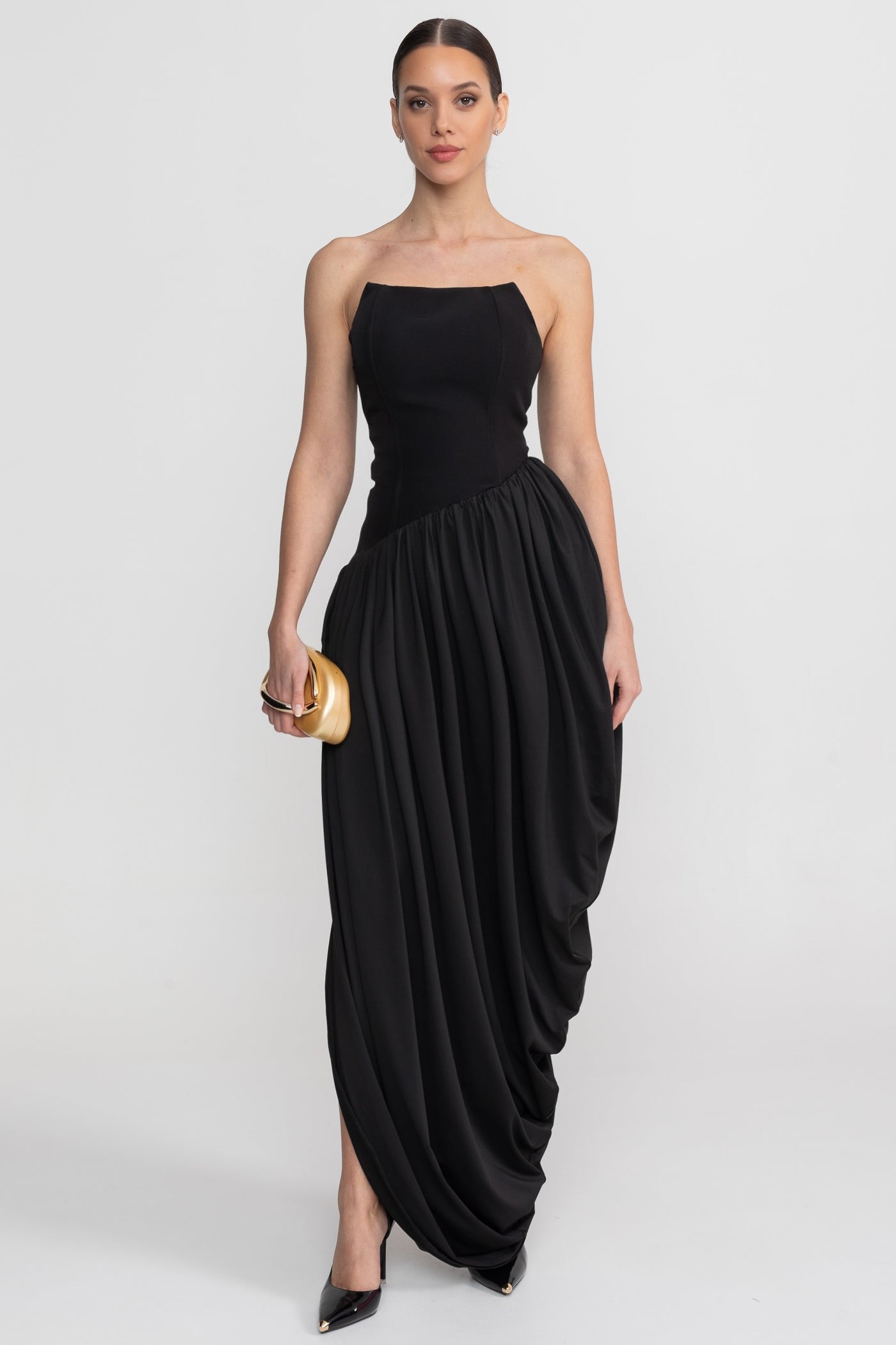 Strapless Maxi Dress With Asymmetric Draped Skirt - Black