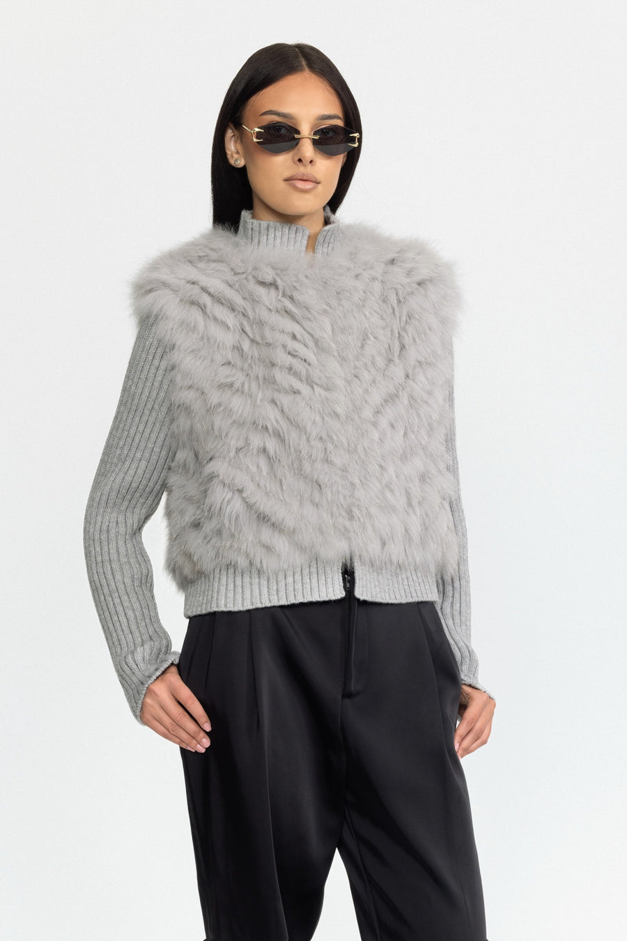 Solène Knitted Fox Fur Jacket with Rib Knit Sleeves - Grey