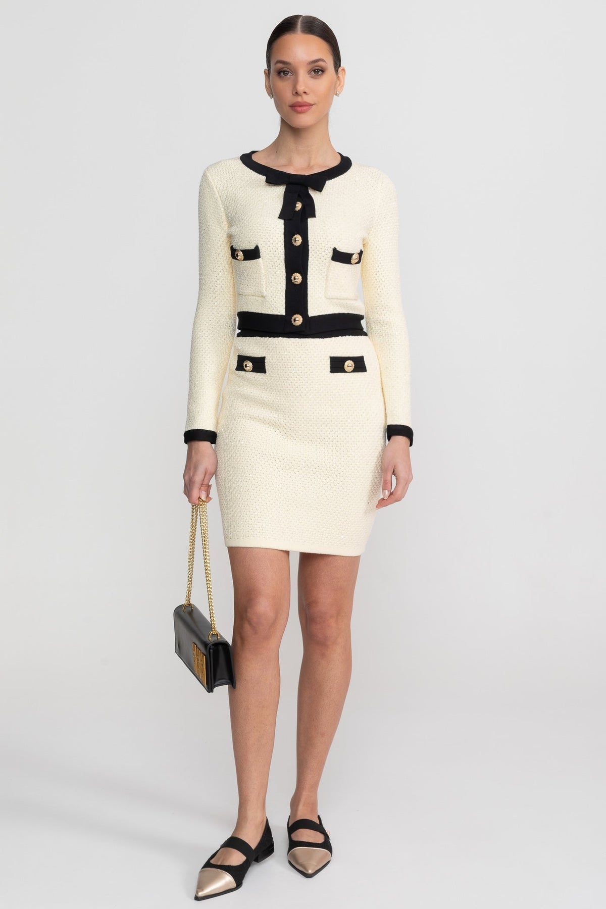 Bouclé Co-Ord Set With Long Sleeve Jacket And Contrast Black Trim - Ivoire