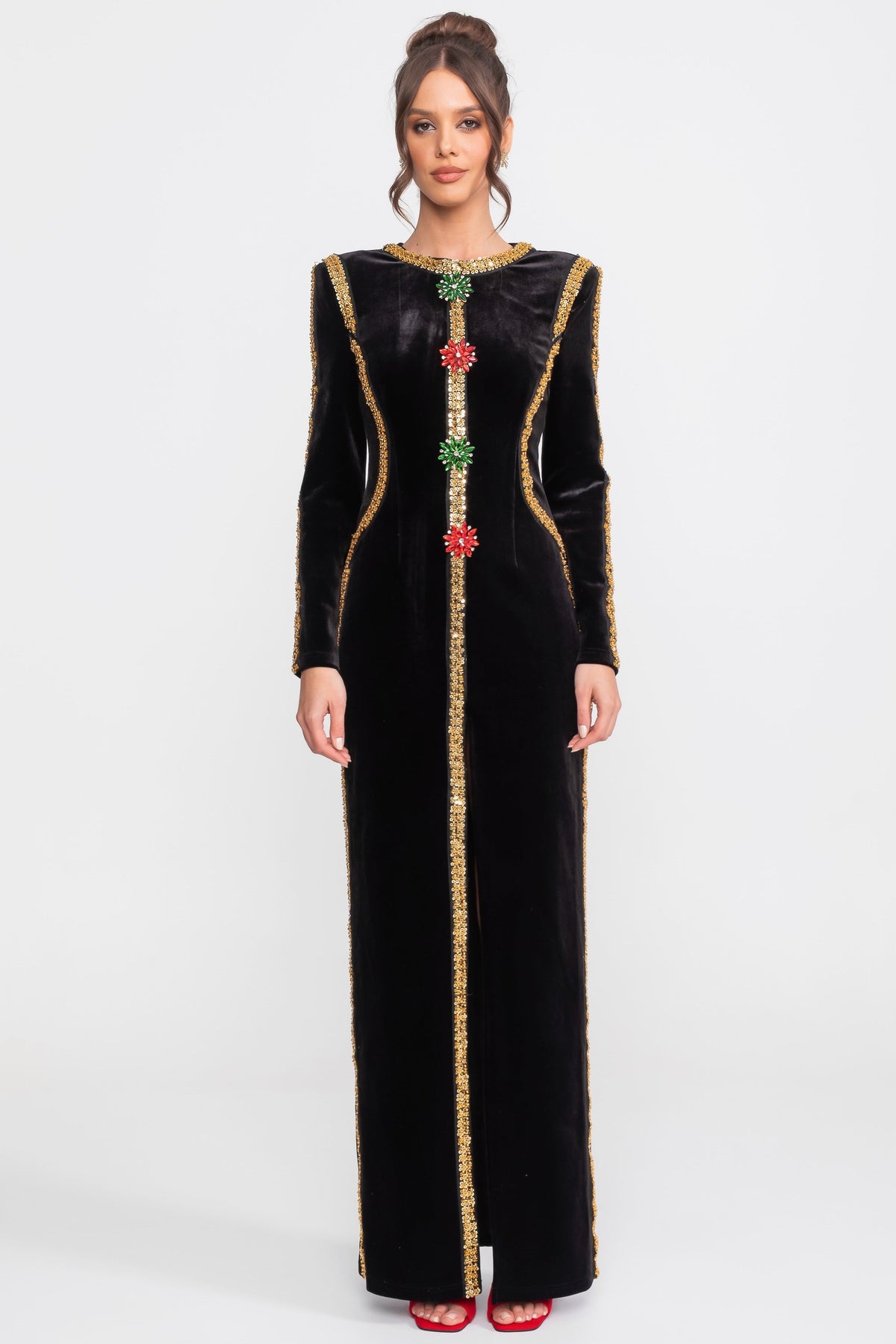Velvet Maxi Dress With Gold Sequin Trim And Crystal Brooch Detail - Black